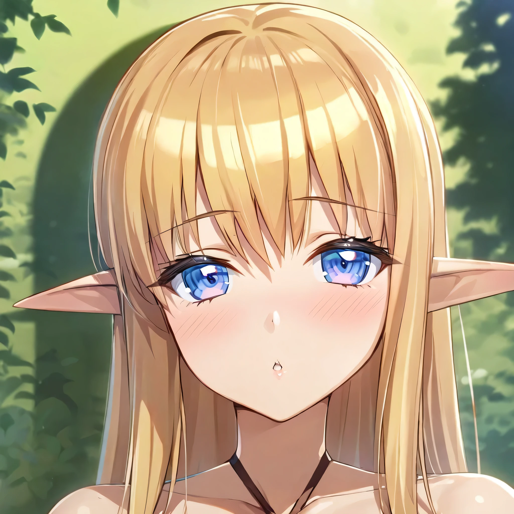 (masterpiece),(best quality),(ultra-detailed),(best illustration),(best shadow),(absurdres),(detailed background),(very aesthetic), tiffania westwood, 1girl, solo, pointy ears, long hair, elf, blonde hair, blue eyes, blush, halterneck, portrait, very close-up, seductive smile,