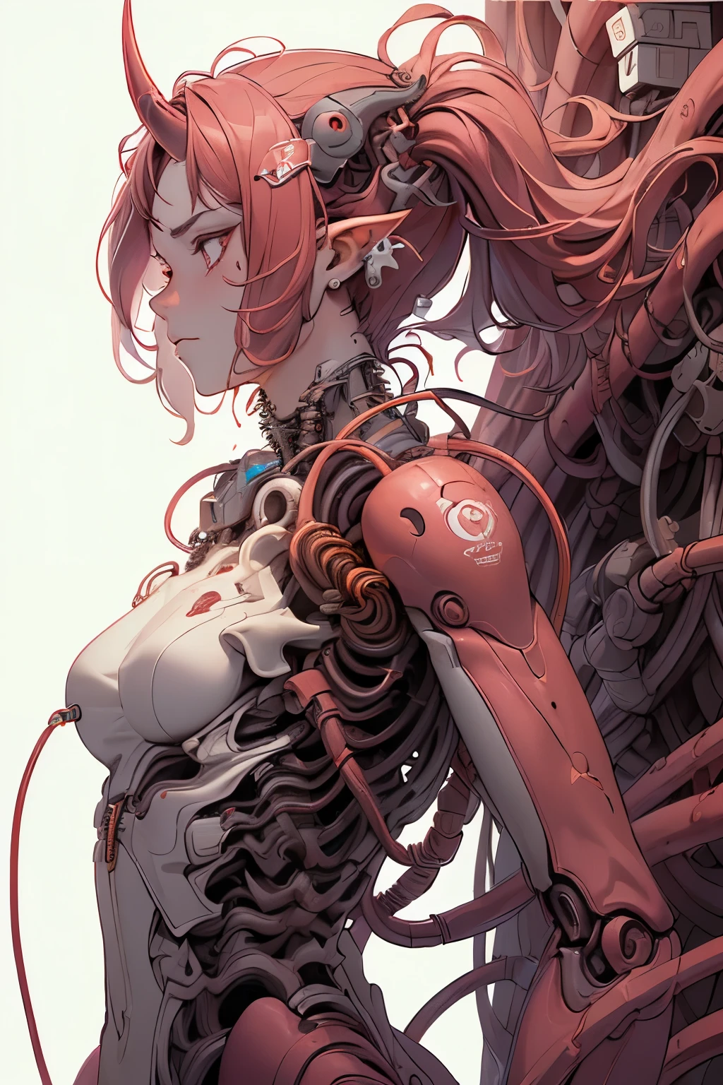 (((Masterpiece))), (((Best quality))), ((Ultra-detailed)), (CG illustration), ((An extremely delicate and beautiful)),(Look up to the side), (((Red flowing liquid background)))Cinematic light with strong contrast between light and dark, solo person, female demon praying oni horns cyborg, Body parts,(Red machine-made joints:1.2),((Mechanical limb)),(blood vessel connected to tube),(The mechanical spine is attached to the back),((The mechanical cervical vertebrae are attached to the neck)),(are standing),A sad expression with red tears,(Wires and cables around the neck:1.2),(wires and cables on head:1.2)(Character focus),sci-fy,Extremely fine,scarlet,Thinnest