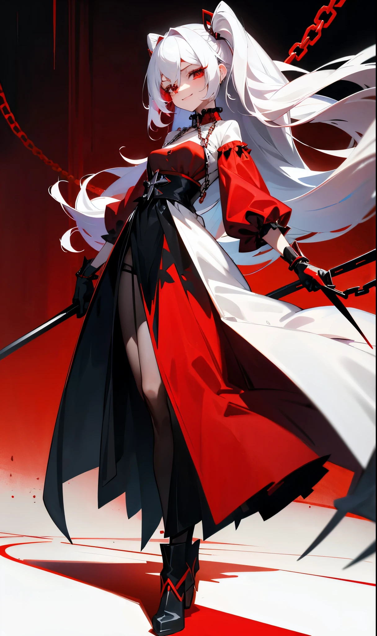 medium chested girl with long white hair and red eyes with a sarcastic smile on her face while holding two blades with chains walking wearing a red and black costume outfit,estilo anime
