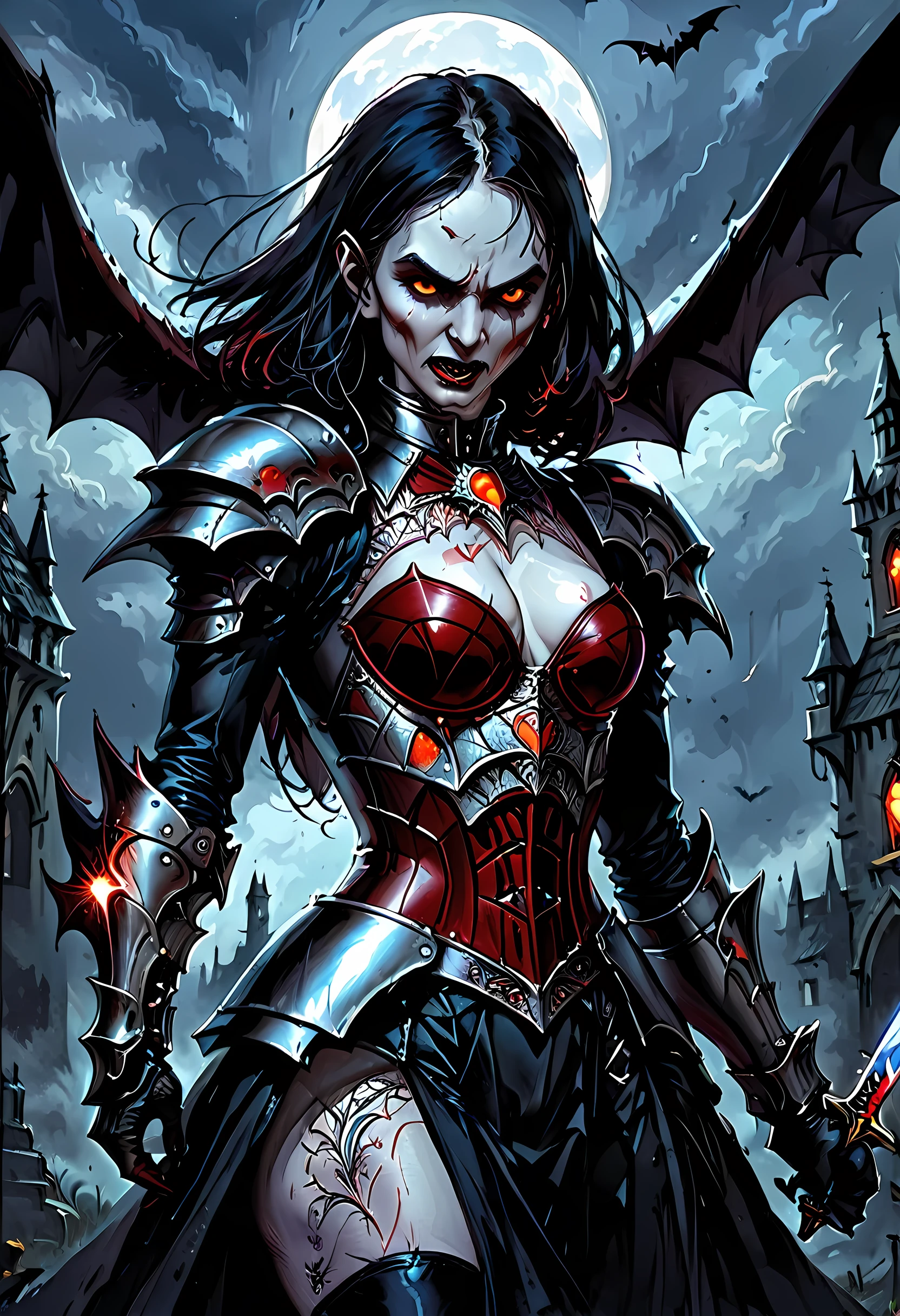 Arafed, dark fantasy art, gothic art, a picturק of a vampire ready for battle, female vampire, armed with a sword, wearing heavy armor , armed with a sword, shining sword, ultra detailed face (intricate detailed, Masterpiece, best quality: 1.4), pale skin, glowing eyes, red eyes, ultra feminine, pale skin, dynamic hair, dark fantasy urban street (intricate detailed, Masterpiece, best quality: 1.4), moon light, star light, clouds, armored_dress, watercolor, Dark Novel