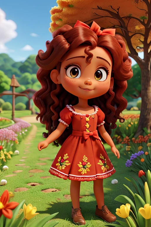 Linda olhos marrom, cabelos marrom, sorrindo, red bow in hair, vestido vermelho com bolinhas brancas. Caminhando em campo verde com flores tulipas vermelhas. Park scenery with flowers and blue sky.com passaros voando.