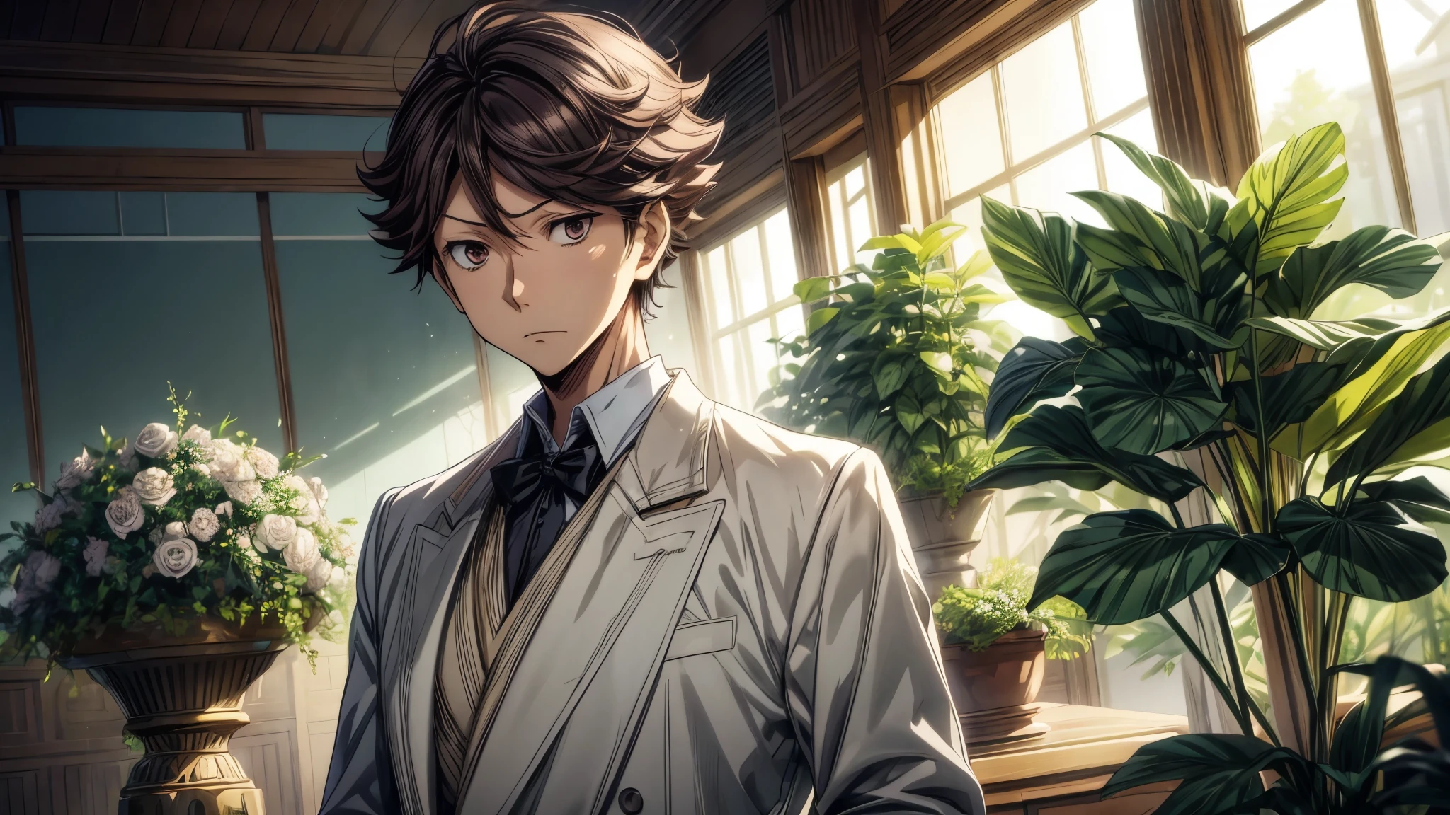 1 man, oikawa tooru, looking in front, facing forward, looking at viewer, perfect face, flowers, plants, cinematic lighting, innocent expression, prince outfit, detailed shading, details