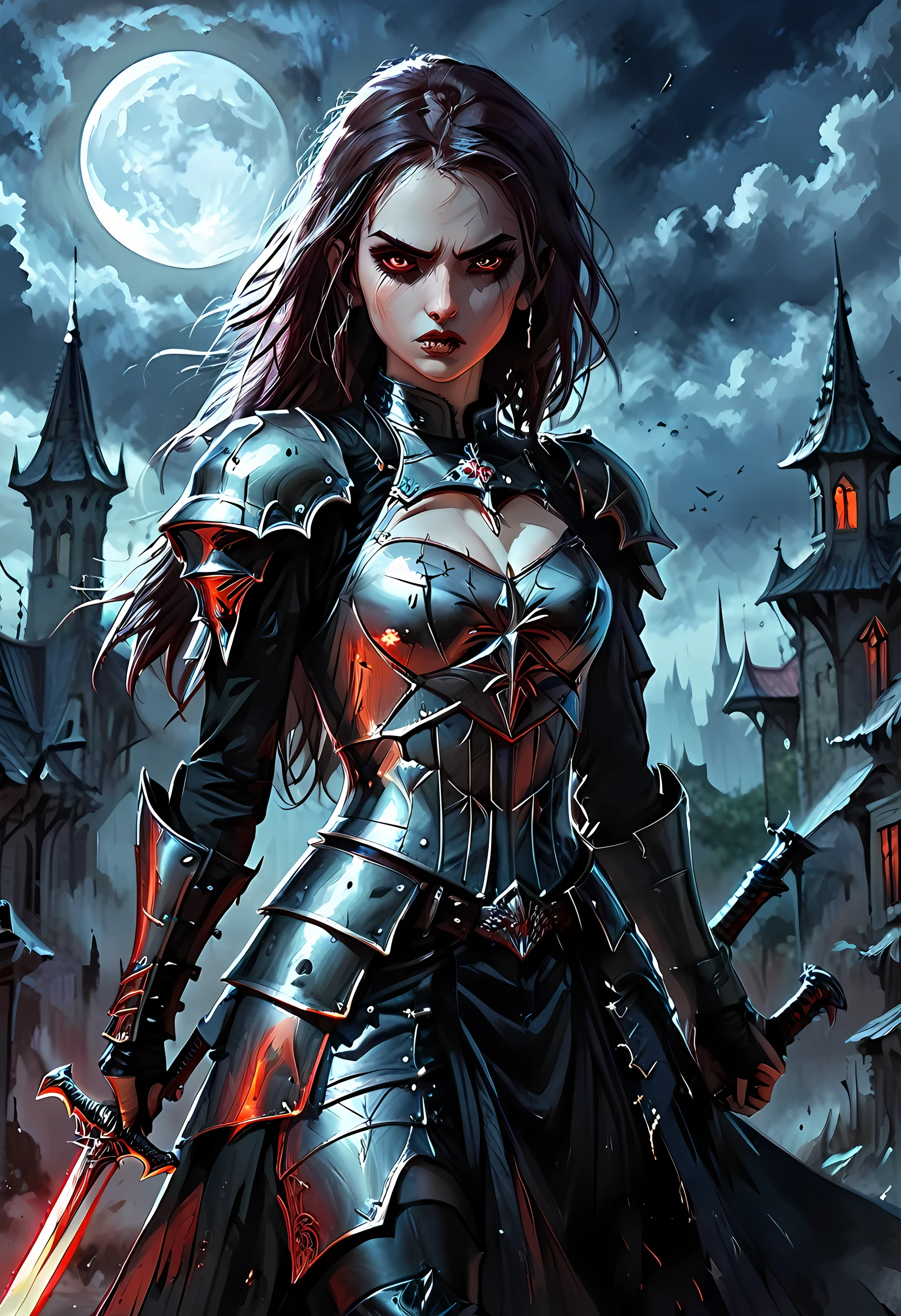 Arafed, dark fantasy art, gothic art, a picturק of a vampire ready for battle, female vampire, armed with a sword, wearing heavy armor , armed with a sword, shining sword, ultra detailed face (intricate detailed, Masterpiece, best quality: 1.4), pale skin, glowing eyes, red eyes, ultra feminine, pale skin, dynamic hair, dark fantasy urban street (intricate detailed, Masterpiece, best quality: 1.4), moon light, star light, clouds, armored_dress, watercolor, Dark Novel