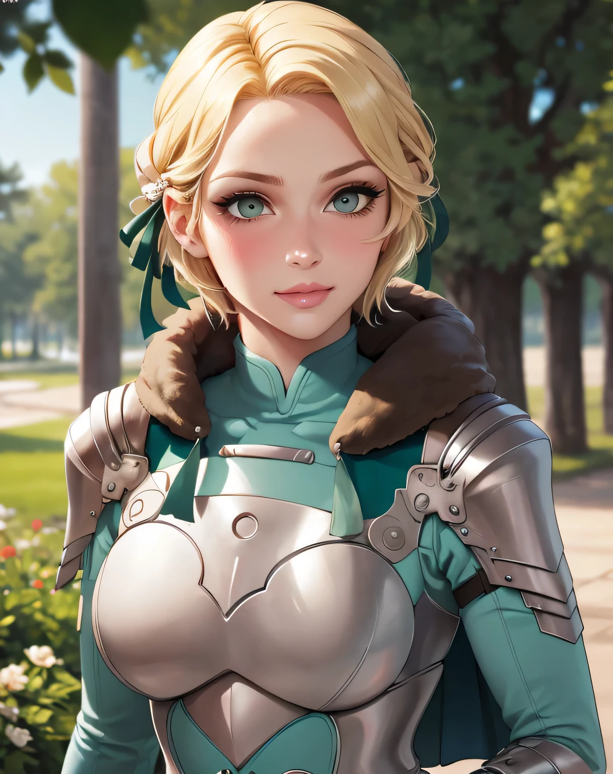 warIngrid, short hair, hair ribbons, shoulder armor, armor, breastplate, underbust, green coat, fur trim, vambraces, blue gloves, green cape, (masterpiece, best quality, ultra-detailed), realistic style, very close up shot 2.0, garden 2.0, looking at viewer 2.0, blushing, face shot 2.0, perfect eyes, cute nose, very sexy smile 2.0, very luscious lips 2.0, face shot 2.0, very heavy eyeshadow 2.0, very heavy makeup 2.0, round face, very thick lips 2.0, very glossy lips 2.0, very pouty lips 2.0, shiny skin, lustrous skin 2.0, incredibly pretty 2.0, incredibly beautiful 2.0, very athletic 2.0, beefcake 2.0, bodybuilder 2.0, fitness model 2.0, very sexy 2.0, incredibly muscular 2.0, muscle mommy 2.0, perfect eyes, cute nose, very sexy smile 2.0, very luscious lips 2.0, face shot 2.0, very heavy eyeshadow 2.0, very heavy makeup 2.0, round face, very thick lips 2.0, very glossy lips 2.0, very pouty lips 2.0, shiny skin, lustrous skin 2.0, very sexy, mature woman