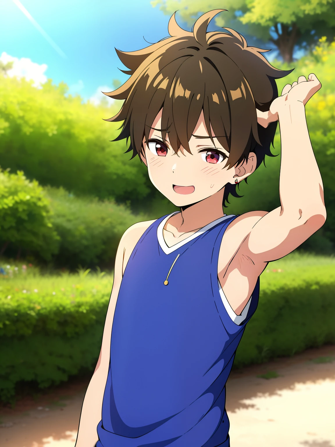 Highres, Masterpiece, Best quality at best,Best Quality,hight quality, hight detailed, Anime style, 1boy, Boy, Shota, Solo person, hansome, Messy hair, Earring, Sleeveless hoodie, Upper body, Summer day, Laugh, Slim body, Blurry beckground, Seen from the front, (Showing armpit:1.3), (very young boy), (very small and short body), Uhd