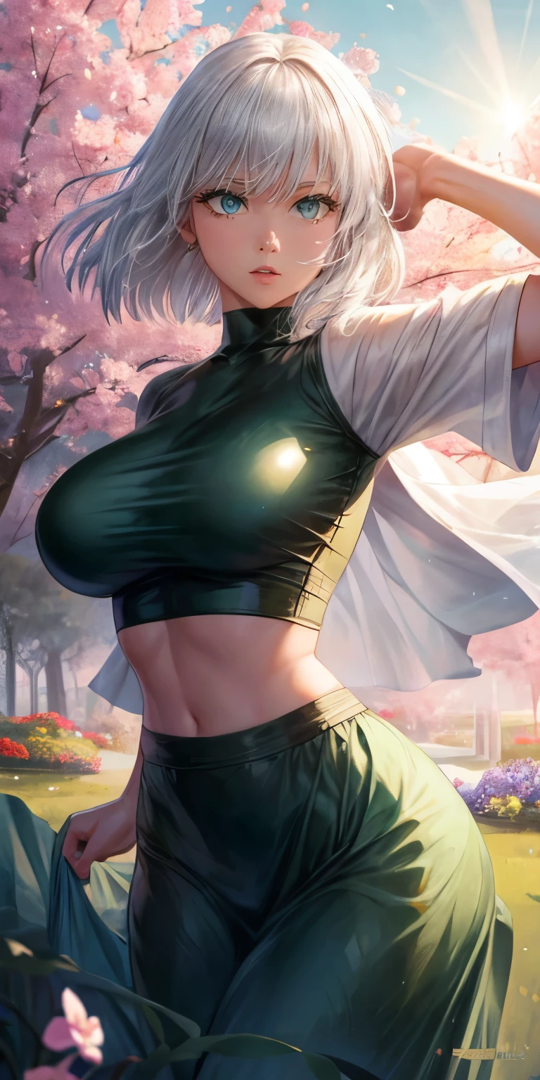 realistic, 1girl, Fubuki, white hair, green eyes, big round breasts, clear white skin, shining eyes, black crop top, dark green skirt, parted lips, rouge, night, flowers, sun, sunshine