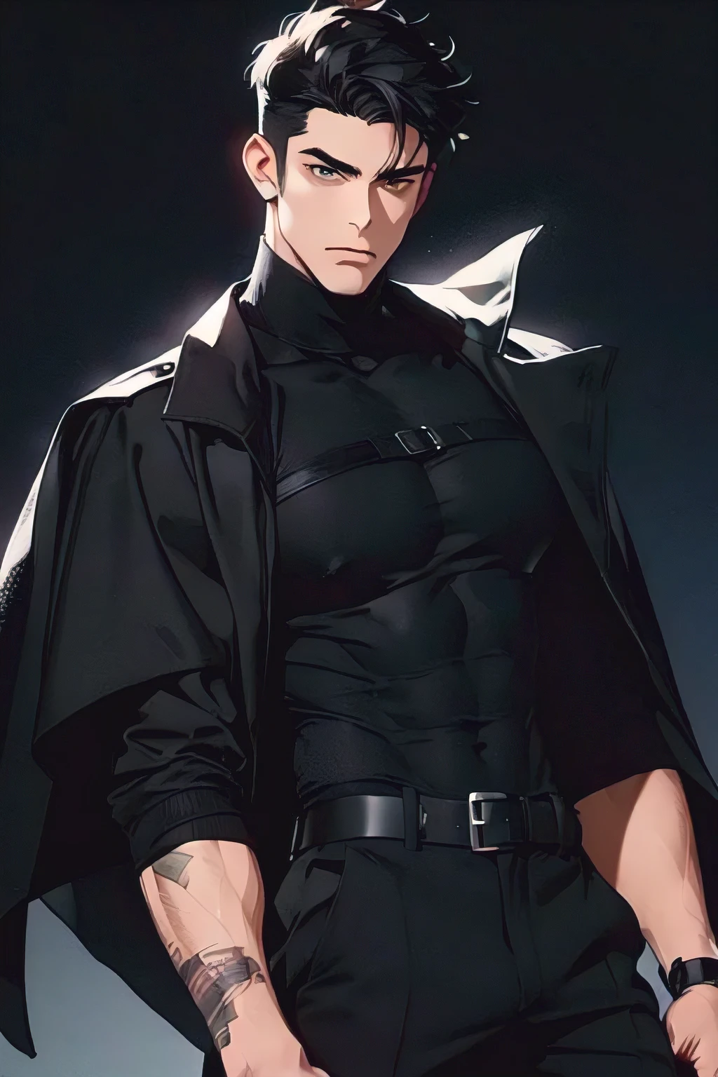 ((1 Adult man, 40 years))), ((Black Short Hair)), ((grey eyes)), black turtleneck, black pants, Black background, Large assembly, a pumped-up body, good anatomy, (Detailed eyes, Even the eyes), serious look, serious expression, black cloak dynamic pose, military, scars on the body