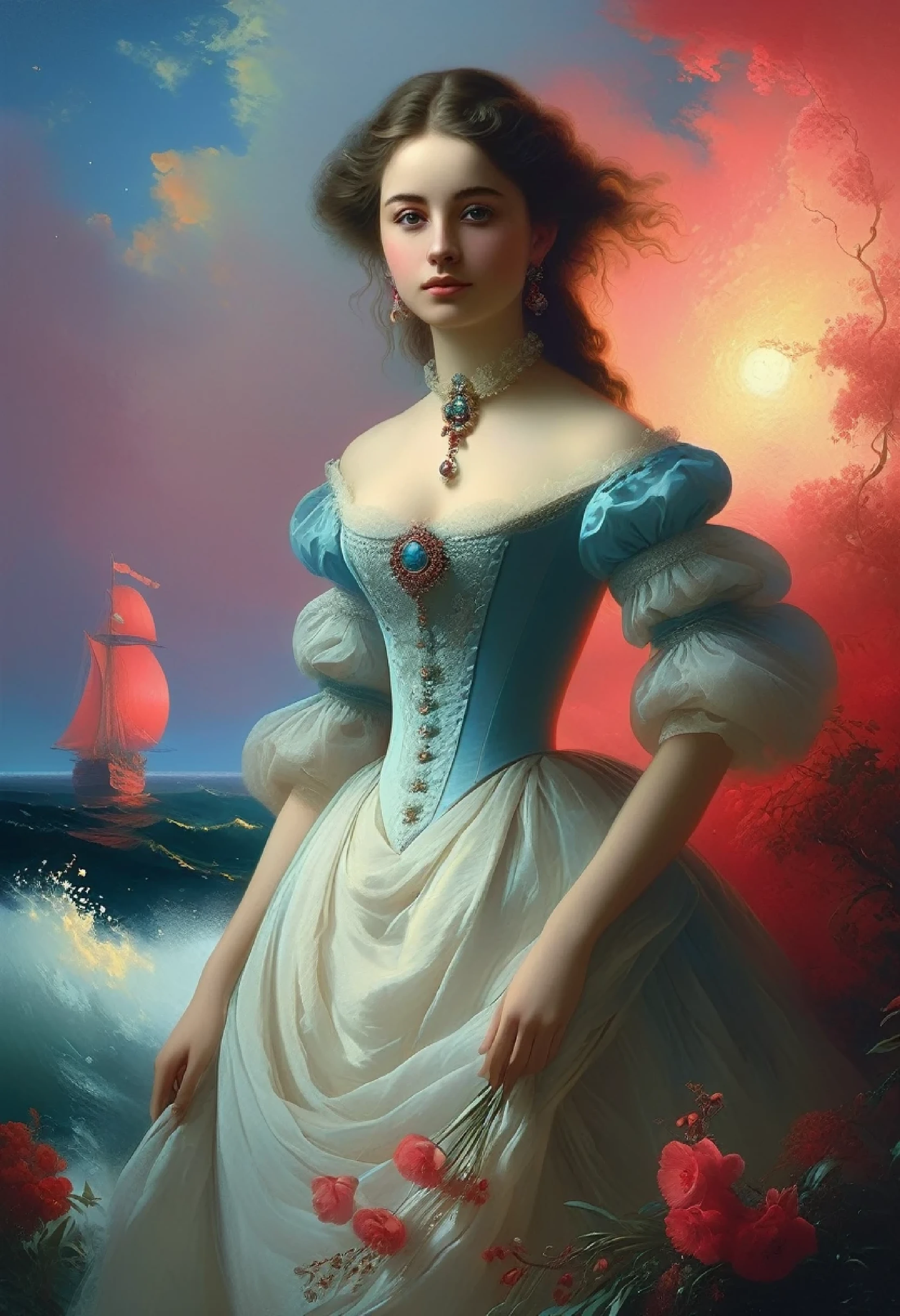 young pretty Caitlin Blackwood, full body, an extremely delicate and beautiful ((Ivan-Aivazovsky style!)), ((perfect full body detail)), magic naive art, primitivism, protogen, crimson
, ((best quality, Masterpiece)), ((Highest detail)), RAW:1,1, 8k