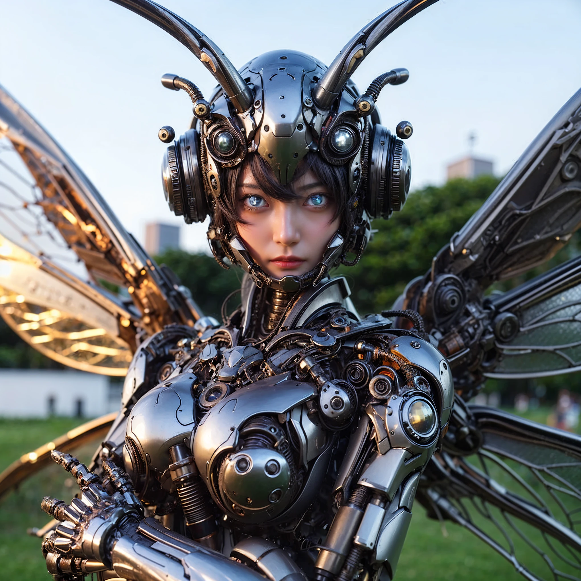 Masterpiece, (ultimate quality:1.2), 8k, Japanese woman in insect-type bio mecha armor, silver base with bronze and gold accents, very beautiful face, mechanical, (mechanical bat wings), hydraulic cylinder, power pipe, muscle fiber, ultimately intricate details, full body shot, (ultimately photo Realistic:1.37), Park with a beautiful view at night, (biological weapon), (biopunk:1.3), Full body photo, Wide-angle shot, Please generate at least 4 photos.