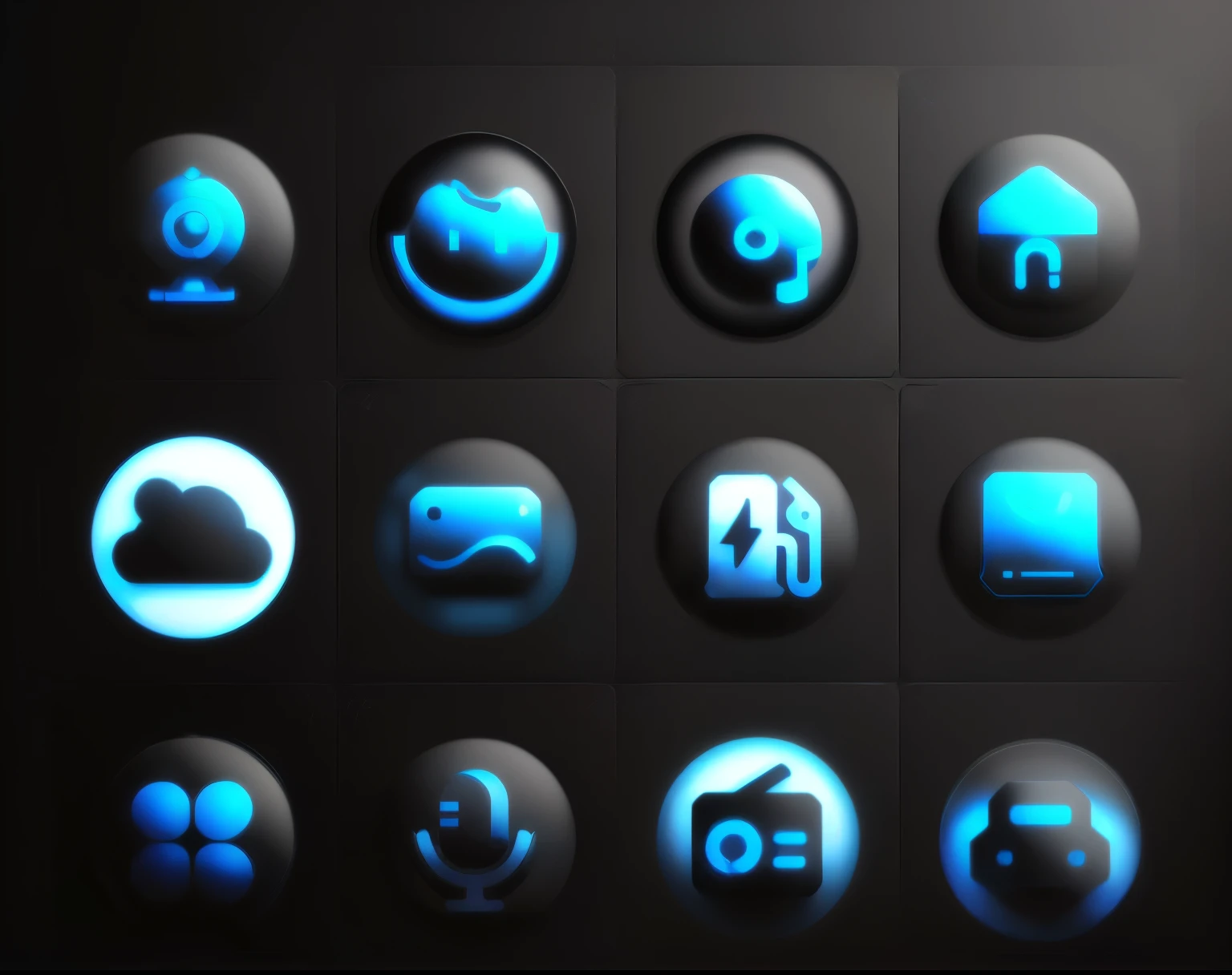 a close up of a bunch of different icon on a black background, icon包, icon风格, blue theme, status icon, Blue Theme, icon, Portrait background, gradient from green to black, 平面icon, Black and blue scheme, Blue and tech theme, future technology, Simple pattern,icon， Blue and black