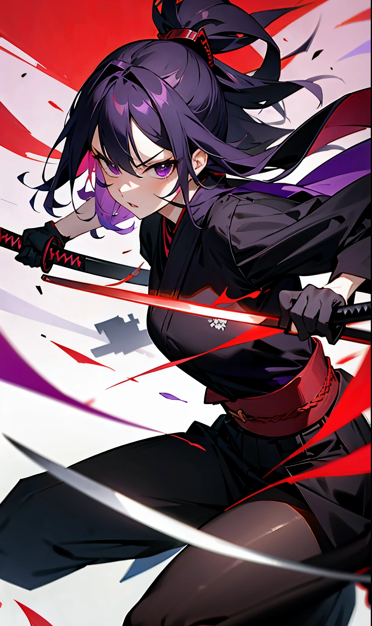 black katana with red running through it with purple blade