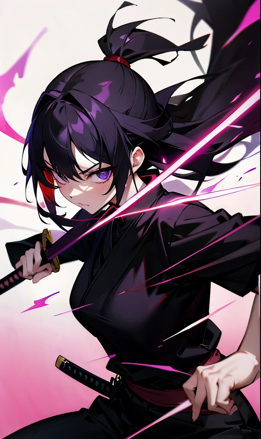 black katana with red running through it with purple blade