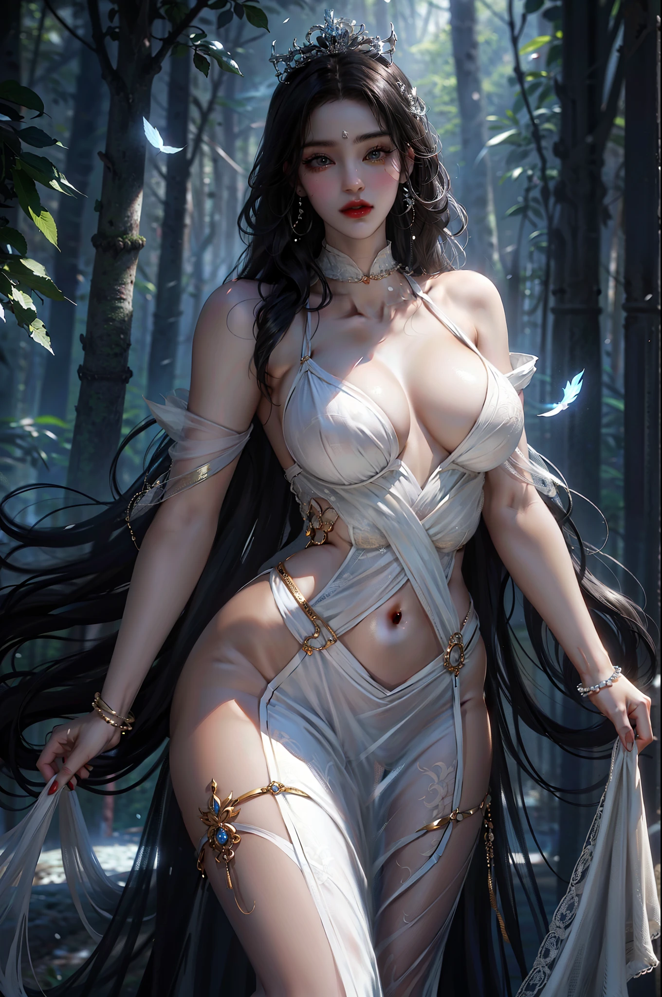 1female,45 yers old,Married woman,MILF,Large breasts,long leges,big chest and thin waist, photo exposure, solo,(Background with:at a forest,the rainforest,in summer) She has long black hair,Stand deep in the forest,seen from the front, curlies, The sky is mostly cloudy,(((tmasterpiece),(Very detailed CG unified 8k wallpaper),Best quality,Movie Lighting,detailed back ground,beautidful eyes,Bright pupils,(very delicate beautiful),(Beautiful and detailed eyes description),ultra - detailed,tmasterpiece,))Redlip,Snow-white skin,a little bit chubby,Pubic hair is large,facing at the camera,A high resolution,ultra - detailed),Expose breasts exposed,Bare genitals, convex,Camel toes,Raised sexy,China Princess(dressed in:Bare genitals,Common,Golden Crown,Hanfu)nakeness,