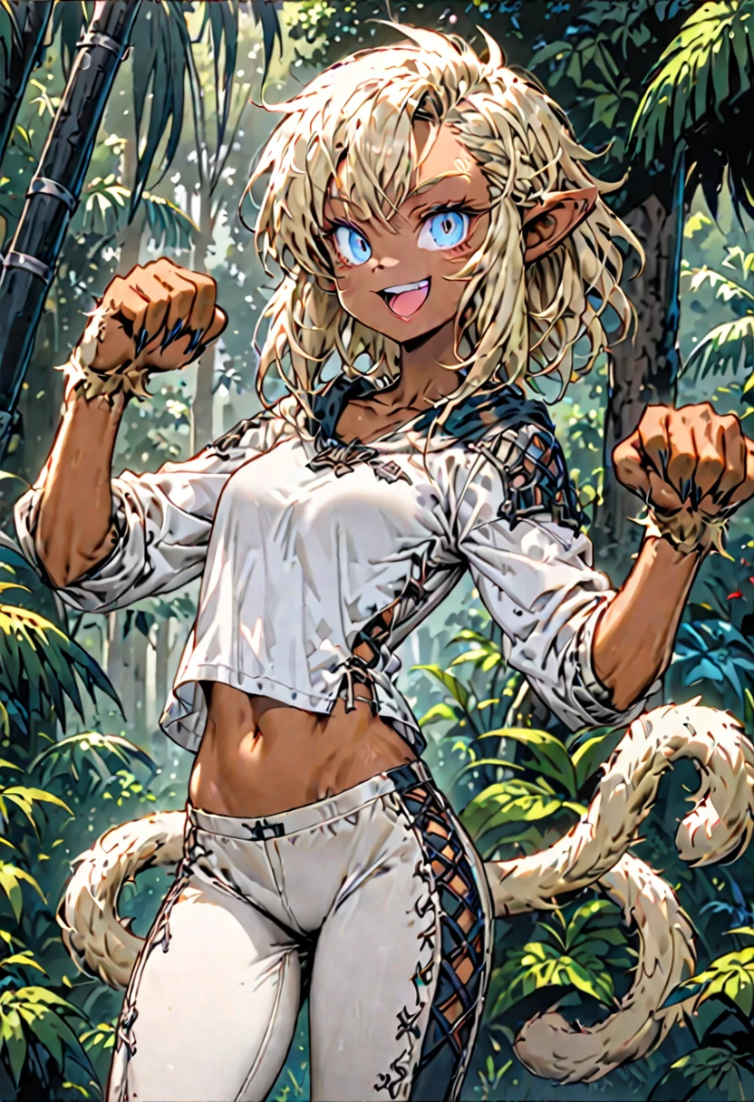 solo, female, sfw, medium shot, very short hair, messy hair, thick hair, platinum blonde hair, light blue eyes, blonde furry pointed ears, monkey tail, blonde monkey hand, very slim, athletic, small breasts, tan skin, wild clothes, jungle, wide smile, ((furry forearms)), abs, open mouth, big ass, ((blonde fur)), long arms, tight pants, medieval