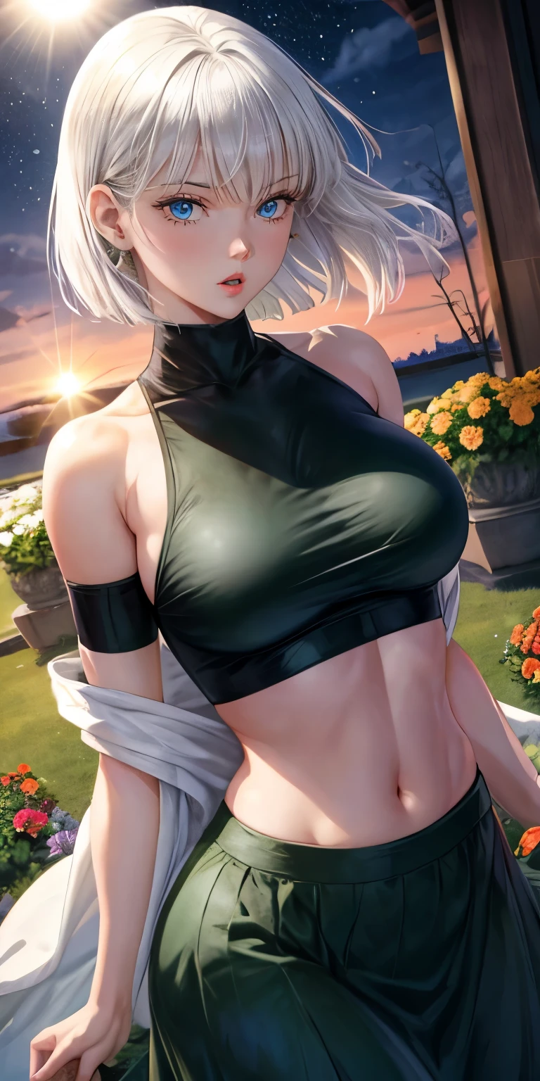 realistic, 1girl, Fubuki, white hair, green eyes, big round breasts, clear white skin, shining eyes, black crop top, dark green skirt, parted lips, rouge, night, flowers, sun, sunshine