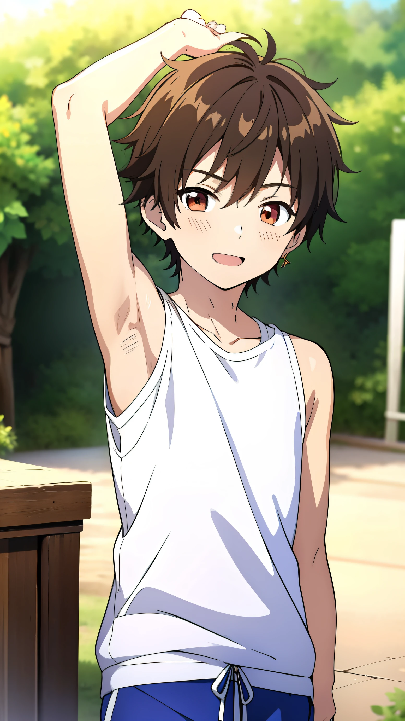 Highres, Masterpiece, Best quality at best,Best Quality,hight quality, hight detailed, Anime style, 1boy, Boy, Shota, Solo person, hansome, Messy hair, Earring, Sleeveless hoodie, Upper body, Summer day, Laugh, Slim body, Blurry beckground, Seen from the front, (Showing armpit:1.3), (very young boy), (very small and short body), Uhd