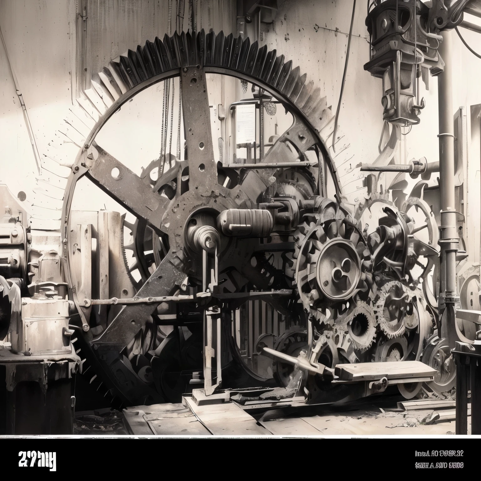 (front view) , a black and white photo of a car repair shop with a large sprocket, industrial maquinaria, maquinaria, intricate maquinaria, ( mechanic ), engrenagens gigantes intertravadas, mechanic gear, in a factory, complex maquinaria, a steam wheeler from 1880s, Industrial Revolution, com engrenagens e tubos, Iron and machinery inside, 188216907