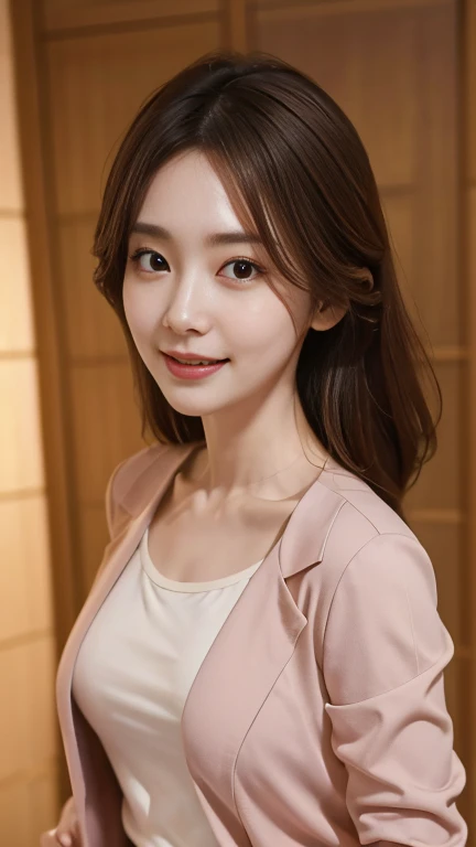 (Very detailedな CG Unity 8k 壁紙, highest quality, Very detailed, Looking into the camera:1.2, The light shines on your face:1.5, Gray background, Professional Lighting), Japanese women, 26 years old, Brightly lit upper body composition of a face. She has an oval face, Soft arched eyebrows, bright expressive eyes,,, pronounced nose, And a friendly smile. Her hair is shoulder-length, straight, Dyed a pale chestnut color. She is wearing a smart casual blouse, Probably soft colors, Pair it with a chic blazer, Embody her lively and sociable personality