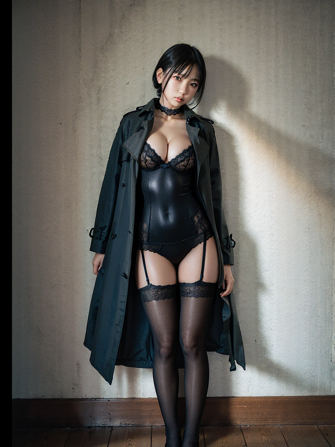 (41k4:1.2), (aika-sawaguchi:0.65), masterpiece, Best Quality, 8K, Raw photo, (wearing trench coat:1.7), (wearing black lace lingerie:1.7), top-notch quality, masterpiece, (arms behind back:1.3), (wearing black stockings:1.3), (wearing black lace choker:1.2), (standing with legs spread apart:1.5), solo, (1 pretty Japanese girl), exceptionally detailed RAW color photo, professional-grade photograph, (Realistic, Photorealistic:1.37), (highly detailed skin:1.2), Ultra-high resolution, (lens 50mm), (masterpiece, top-quality:1.3), (hyper realistic:1.35), (Photorealistic:1.45), (Realistic:1.4), (looking at viewer:1.4), (facing viewer:1.4), 1 beautiful girl, 18 years old, Japanese idol, supermodel, pale skin, (slim:1.3), (slim body:1.25), (slender body:1.25), (narrow waist:1.25), pretty face, (large breasts:1.15), (deep cleavage), gravure idol