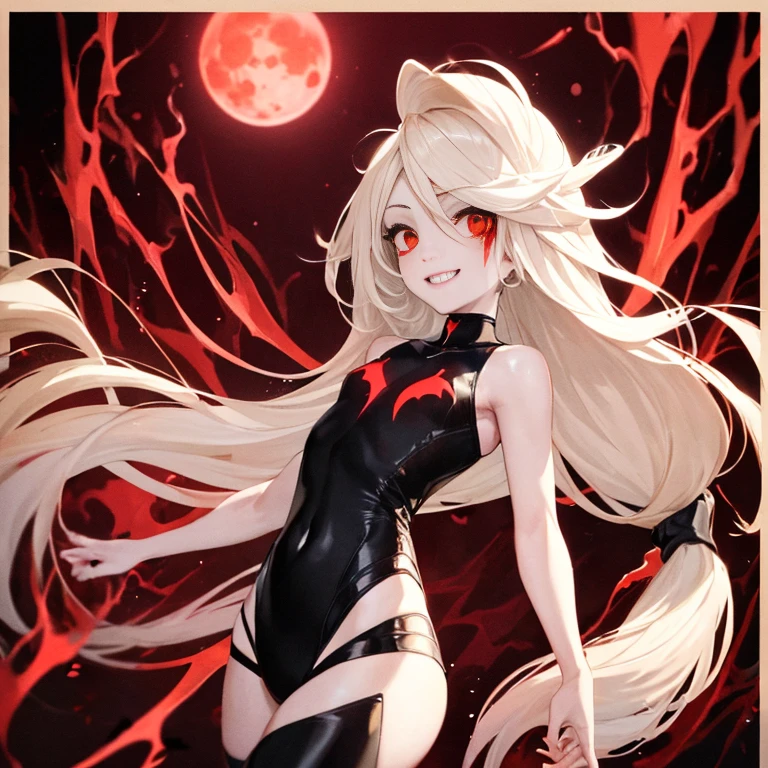 (masterpiece: 1.2, highest quality), (Best lighting, Very delicate and beautiful), (Best lighting, Very delicate and beautiful), (Beautifully detailed face), (Eyes and face with attention to detail: 1.2), Dark fantasy, vampire, (Young girl, Little Beast, 1 girl, alone, Crazy Smile, White skin, Gray Hair, Black high leg swimsuitを着ている、Red glowing eyes, Dynamic Angle, Dynamic pose, vampire, vampire teeth), (背景にvampireの城), (Red Moon, Red Sky), sharp_ear, teeth, Bat Wings, ((There is blood on the face))), BloodRayne, Blood Mist, (Depth of written border), High Contrast, (Blood splatter: 1.4), Cowboy Shot, Full body portrait、Black high leg swimsuit、Black short boots、alone