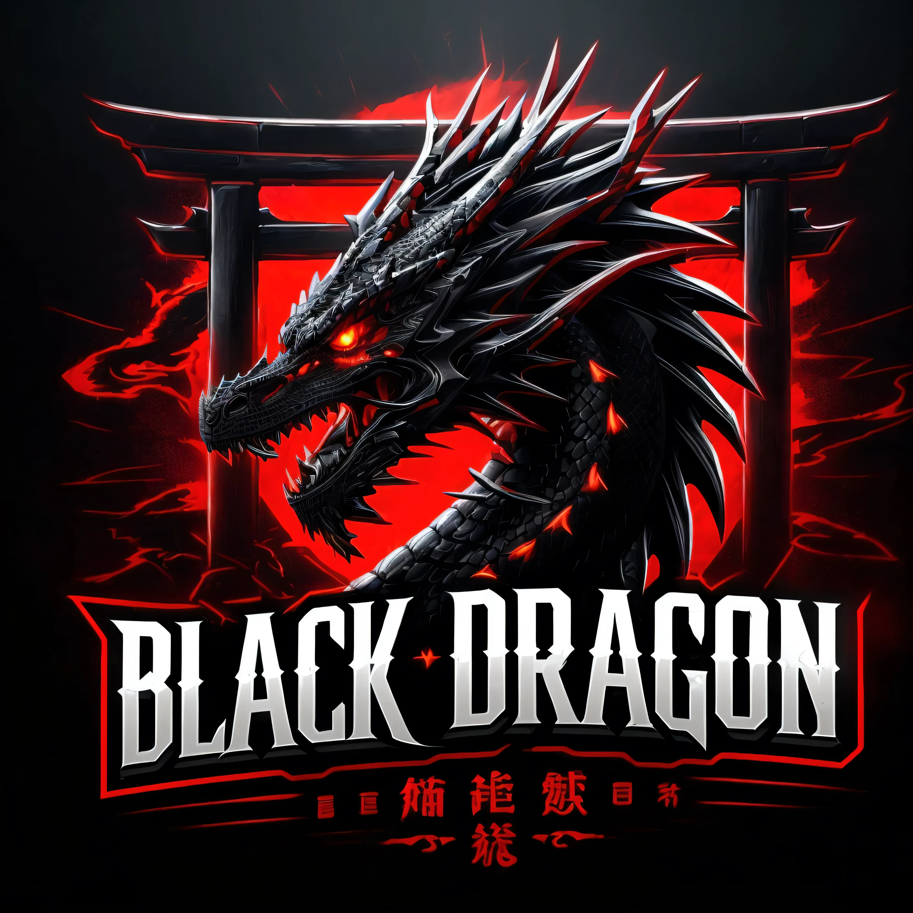 a close up of a dragon with a sword on a black background, black dragon, ancalagon the black, dragon design language, dragon in the background, 🔥 😎 🕹️ 👀, dragon, black, japan dragon concept art, black design, game logo, red dragon, black draconic - leather, alduin, glow eye , and text 'Black Dragon' on dragon