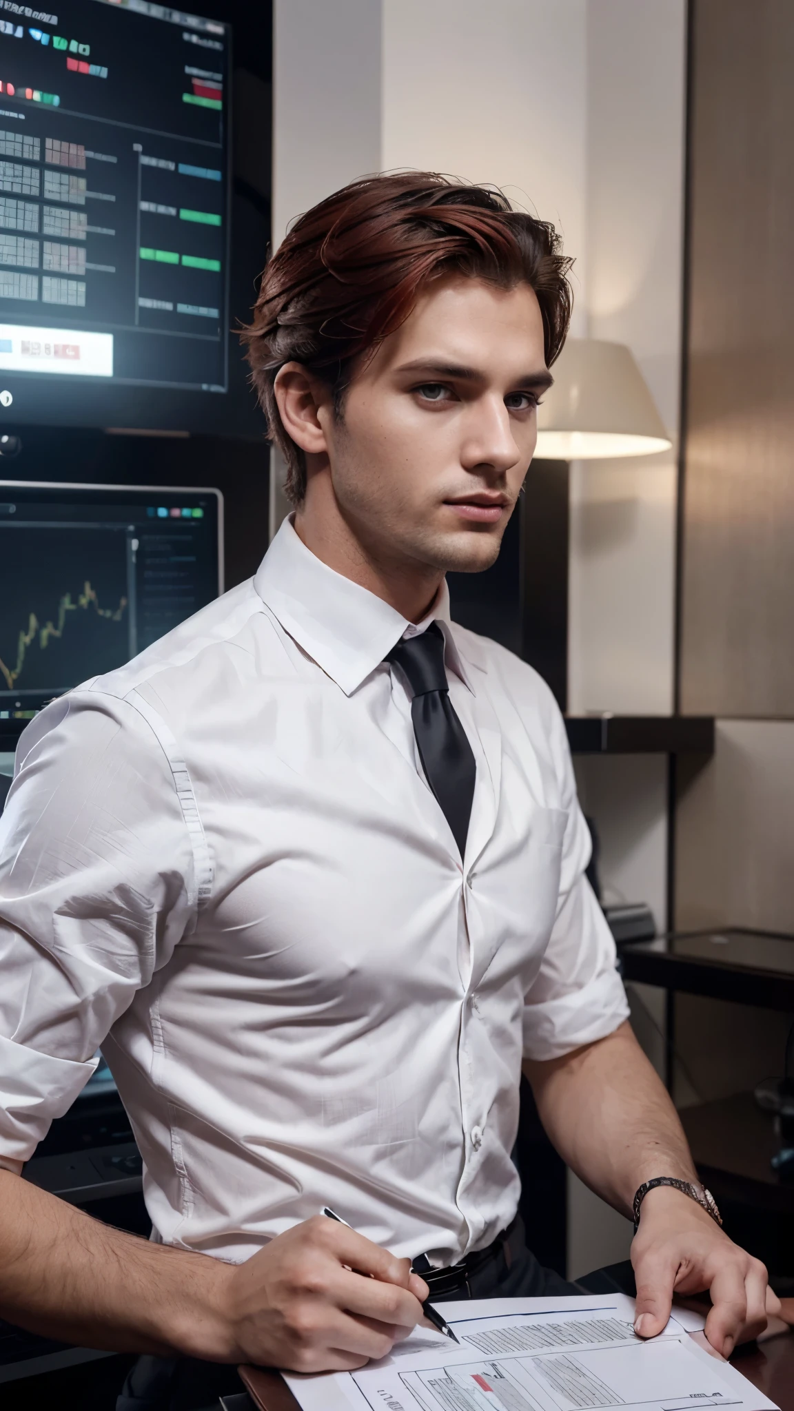 there is a man in a holding a chart paper and pen, he is a stock market analysist, infront of stockmarket screener and laptop, he is business research in BSE stock, gentleman style hair, red hair, sky black eyes,  pink lips, white handsome face. european white skins, Looking handsome, age 22, Infront of Bombay stock exchange, 