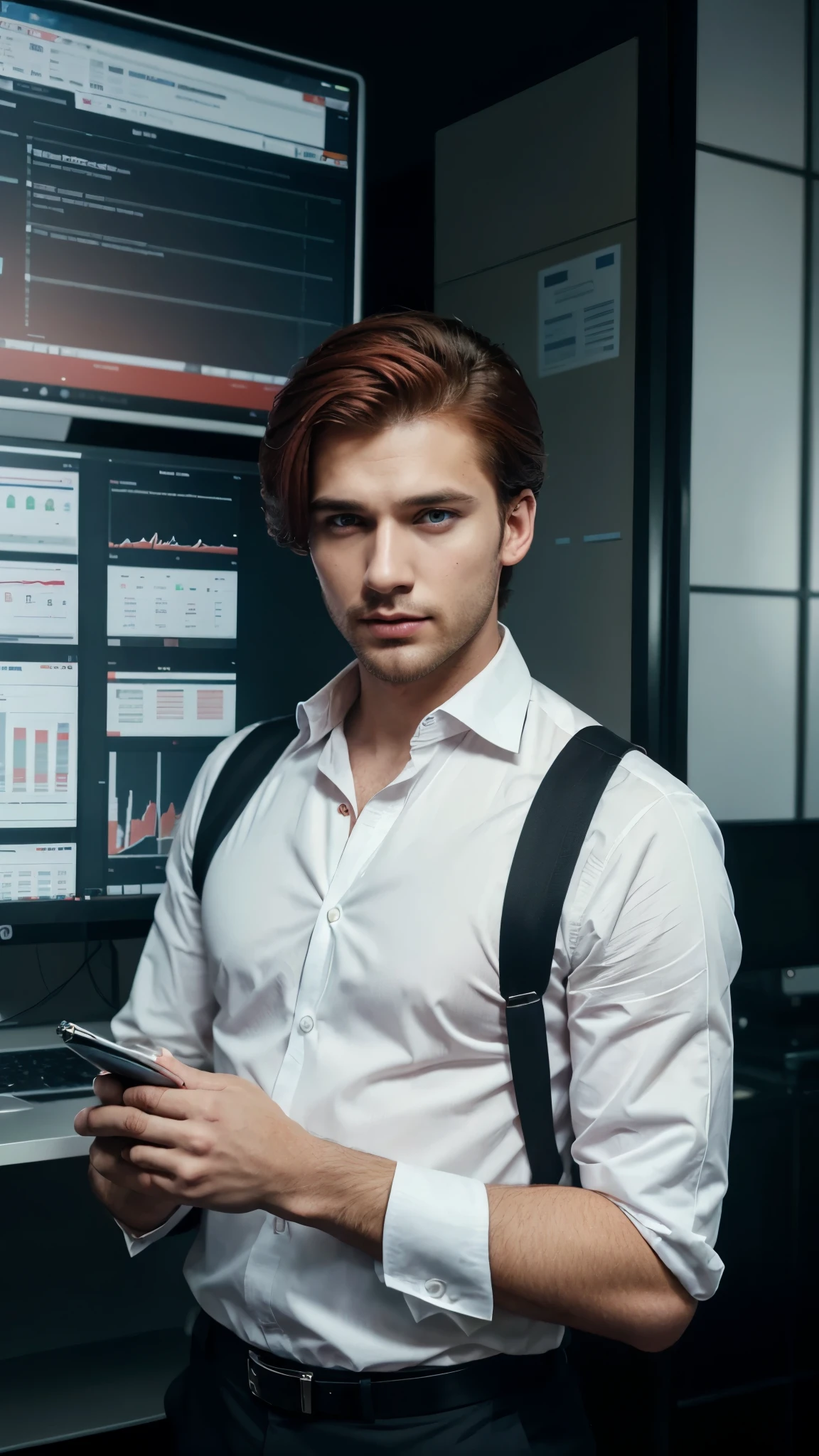 there is a man in a holding a chart paper and pen, he is a stock market analysist, infront of stockmarket screener and laptop, he is business research in BSE stock, gentleman style hair, red hair, sky black eyes, pink lips, white handsome face. european white skins, Looking handsome, age 22, Infront of Bombay stock exchange,