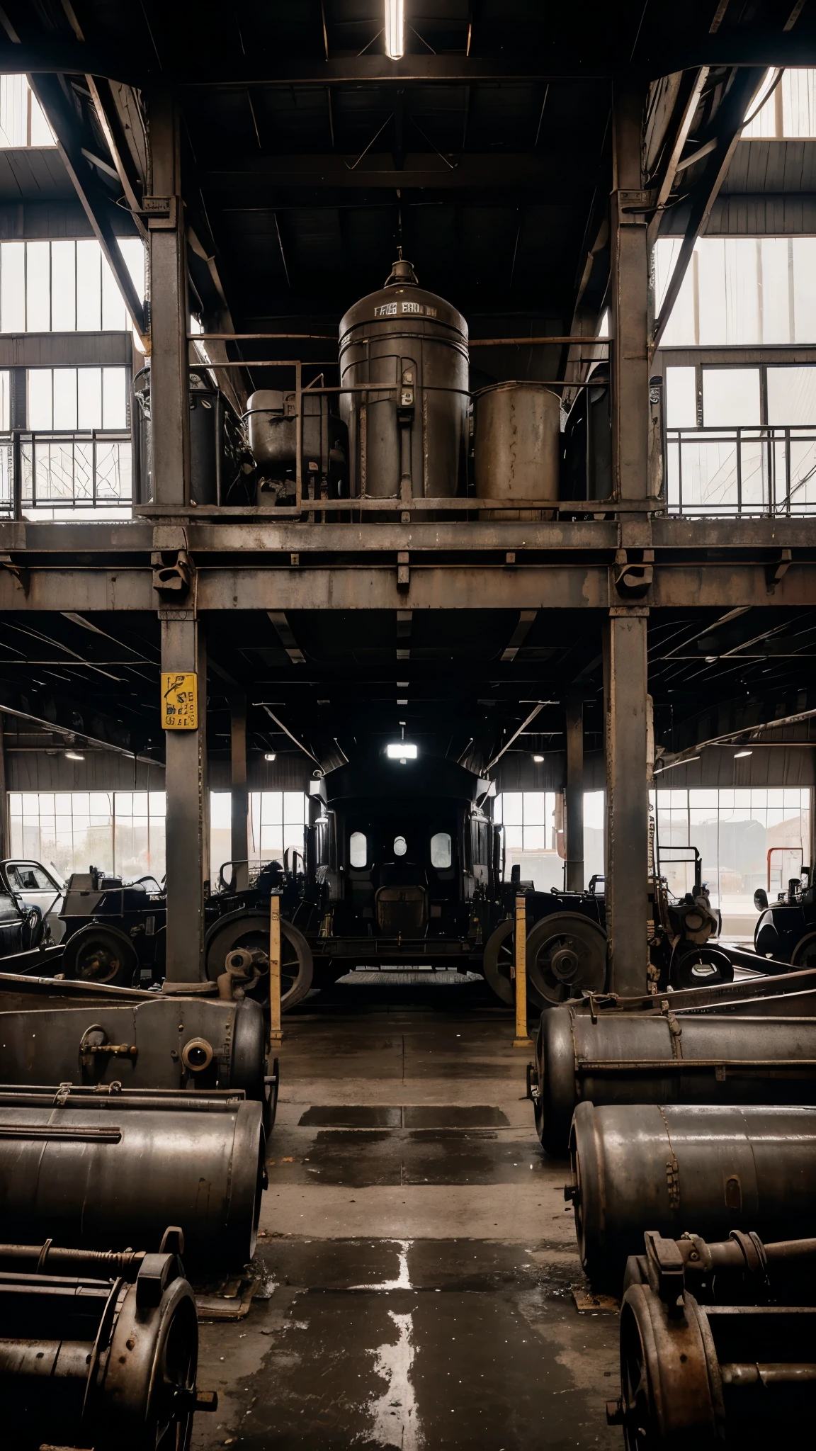 (front view) , a black and white photo of a car repair shop with a large sprocket, industrial maquinaria, maquinaria, intricate maquinaria, ( mechanic ), engrenagens gigantes intertravadas, mechanic gear, in a factory, complex maquinaria, a steam wheeler from 1880s, Industrial Revolution, com engrenagens e tubos, Iron and machinery inside, 188216907
