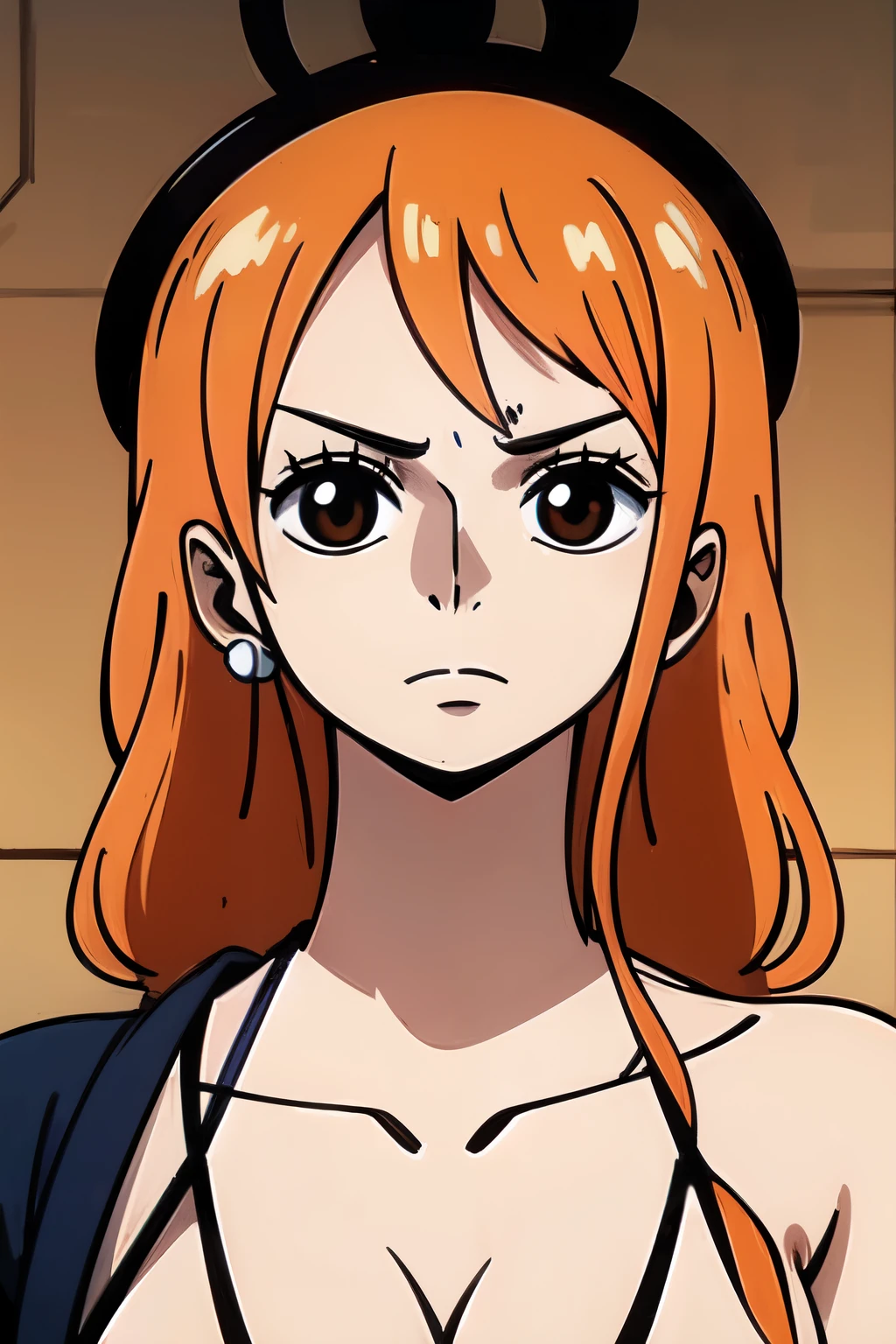 ((best quality)), ((masterpiece)), (detailed), perfect face. Asian girl. Orange hair. Black eyes.