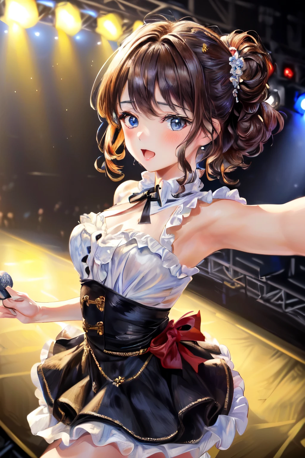 ((masterpiece)), ((best quality)), (ultra-detailed), ((extremely detailed)), 4K, (8K), best quality, (beautiful), anime style, full body, focus on the face, full body focus, Live performance venue, a cute girl, 1girl, solo, idol, young entertainer, beautiful light brown hair, beautiful brown eyes, ((beautiful eyes)), short hair, light smile, shiny-glistening, gleaming,professional lighting