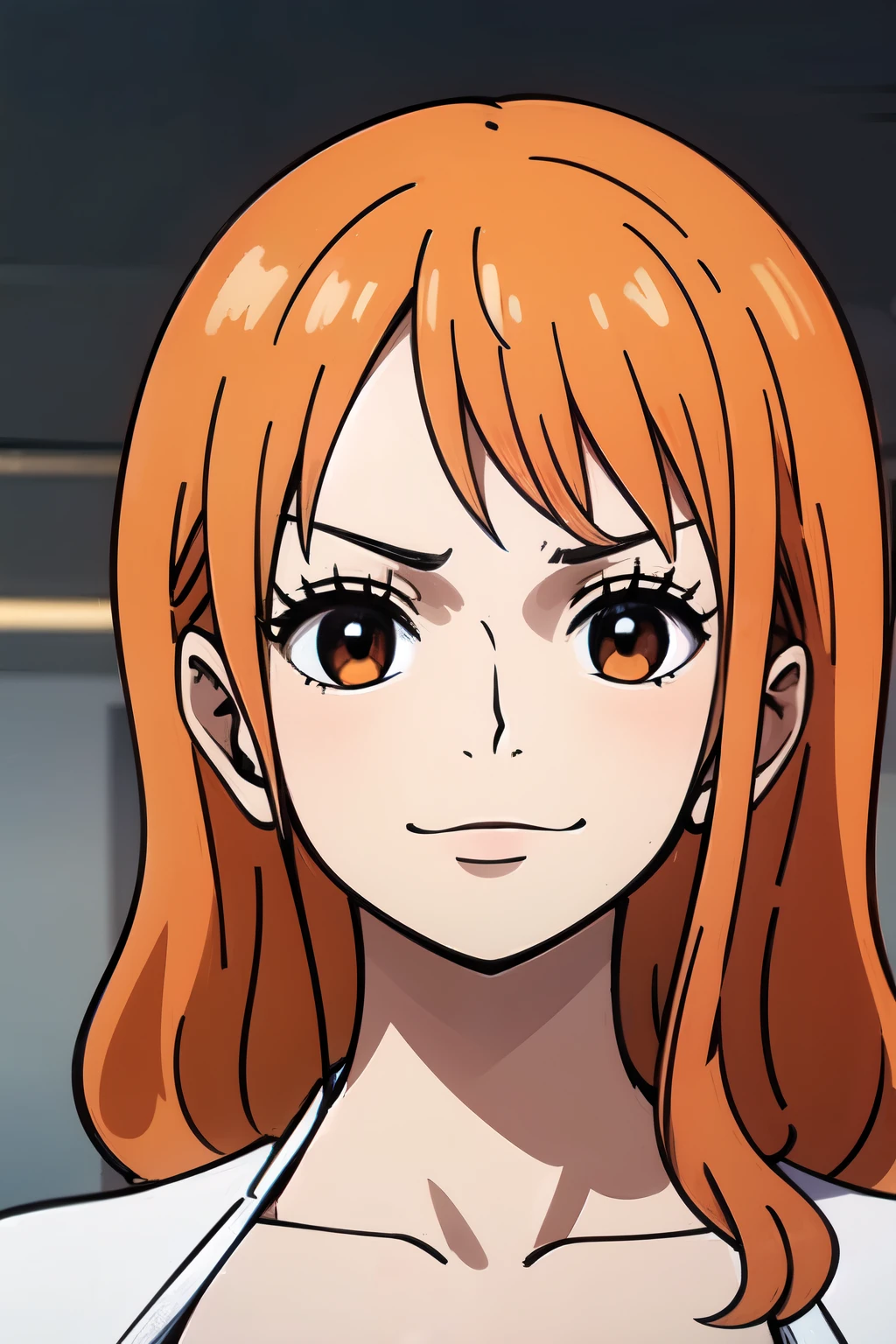 ((best quality)), ((masterpiece)), (detailed), perfect face. Asian girl. Orange hair.  T-shirt.
