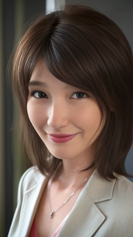 (Very detailedな CG Unity 8k 壁紙, highest quality, Very detailed, Looking into the camera:1.2, The light shines on your face:1.5, Gray background, Professional Lighting), Japanese women, 26 years old, Brightly lit upper body composition of a face. She has an oval face, Soft arched eyebrows, bright expressive eyes,,, pronounced nose, And a friendly smile. Her hair is shoulder-length, straight, Dyed a pale chestnut color. She is wearing a smart casual blouse, Probably soft colors, Pair it with a chic blazer, Embody her lively and sociable personality