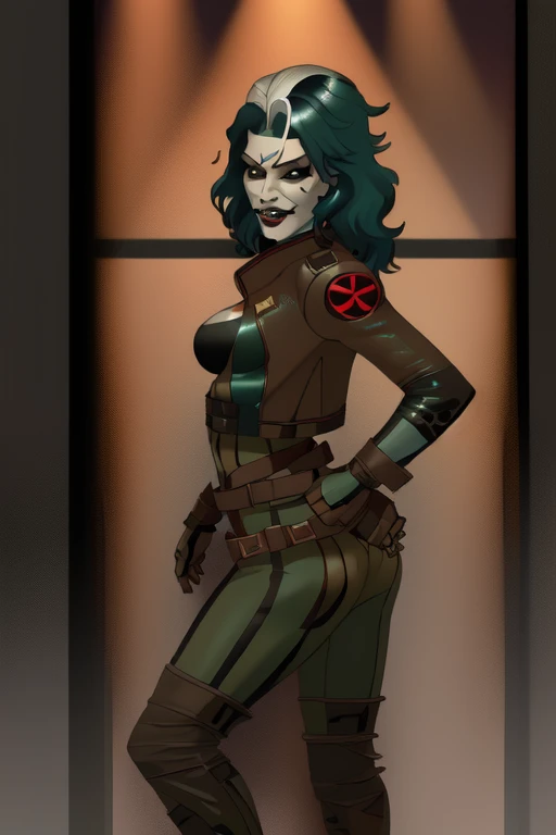 (leather jacket) (corset) (military belts) (Warrior) (cocky smile) (tribal tattoos) (green and blue hair) (X-Men Rogue) (Star Trek Jadzia Dax) (2000 Ninja Turtles April) (Greek mythology Athena) (pirate woman) (Star Wars zabrak) (Star Trek trill) (pale skin) (face tattoos) (zabrac face tattoos) (goth) (pirate clothing)