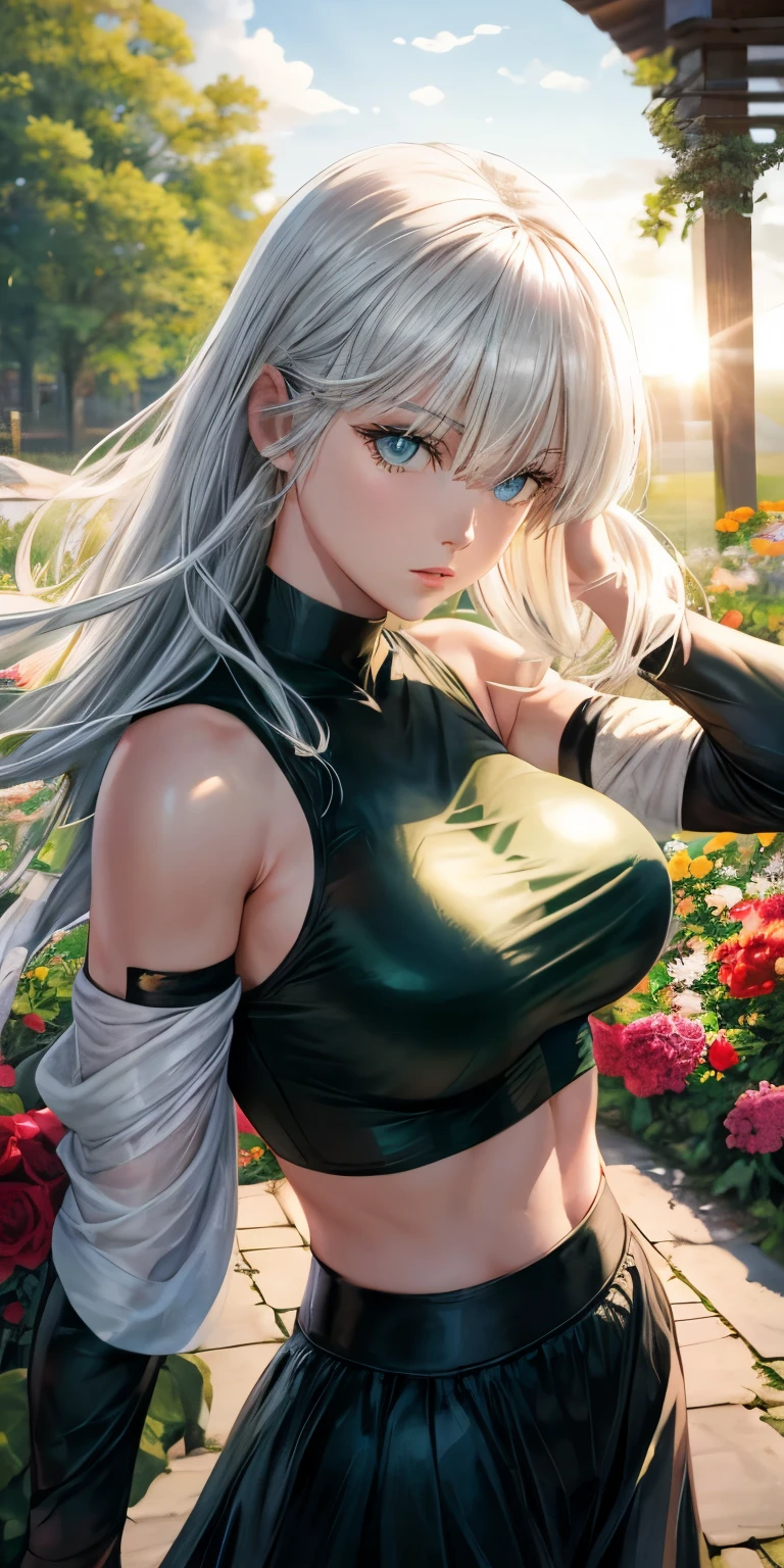 realistic, 1girl, Fubuki, white hair, green eyes, big round breasts, clear white skin, shining eyes, black crop top, dark green skirt, parted lips, rouge, night, flowers, sun, sunshine