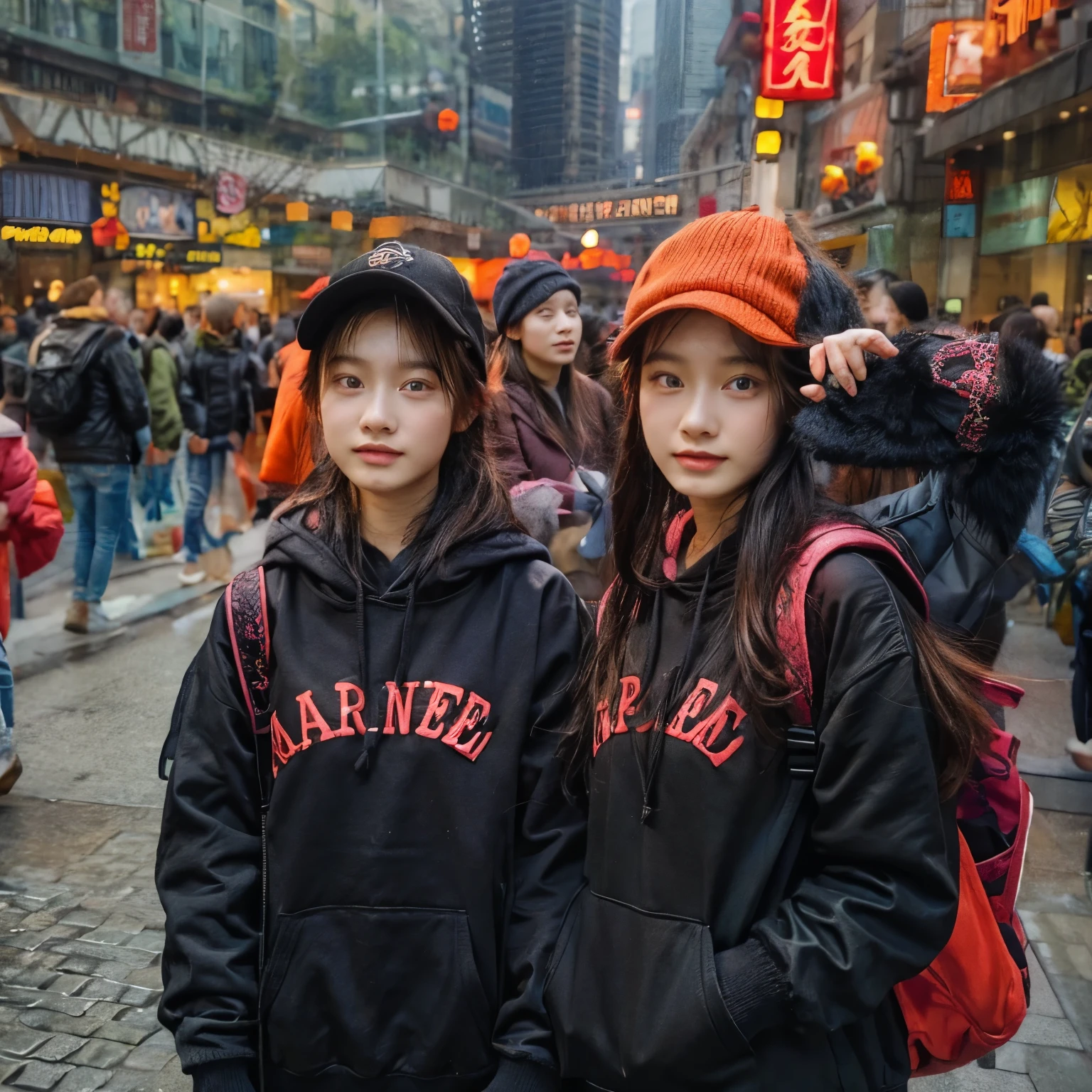 Identical twin sisters wearing the same black Apollo hat。In the background is East Nanjing Road in Shanghai。Shallow depth of field、The background is blurred。gathered in the middle。The girl on the left is、He wears a black hat、He is wearing a black down jacket over a red hoodie。.。, And with your left hand, hold the piece close to your face..。The girl on the right is wearing a light brown hat.., Wear a black down jacket over an orange sweatshirt, And in his right hand he holds a piece.