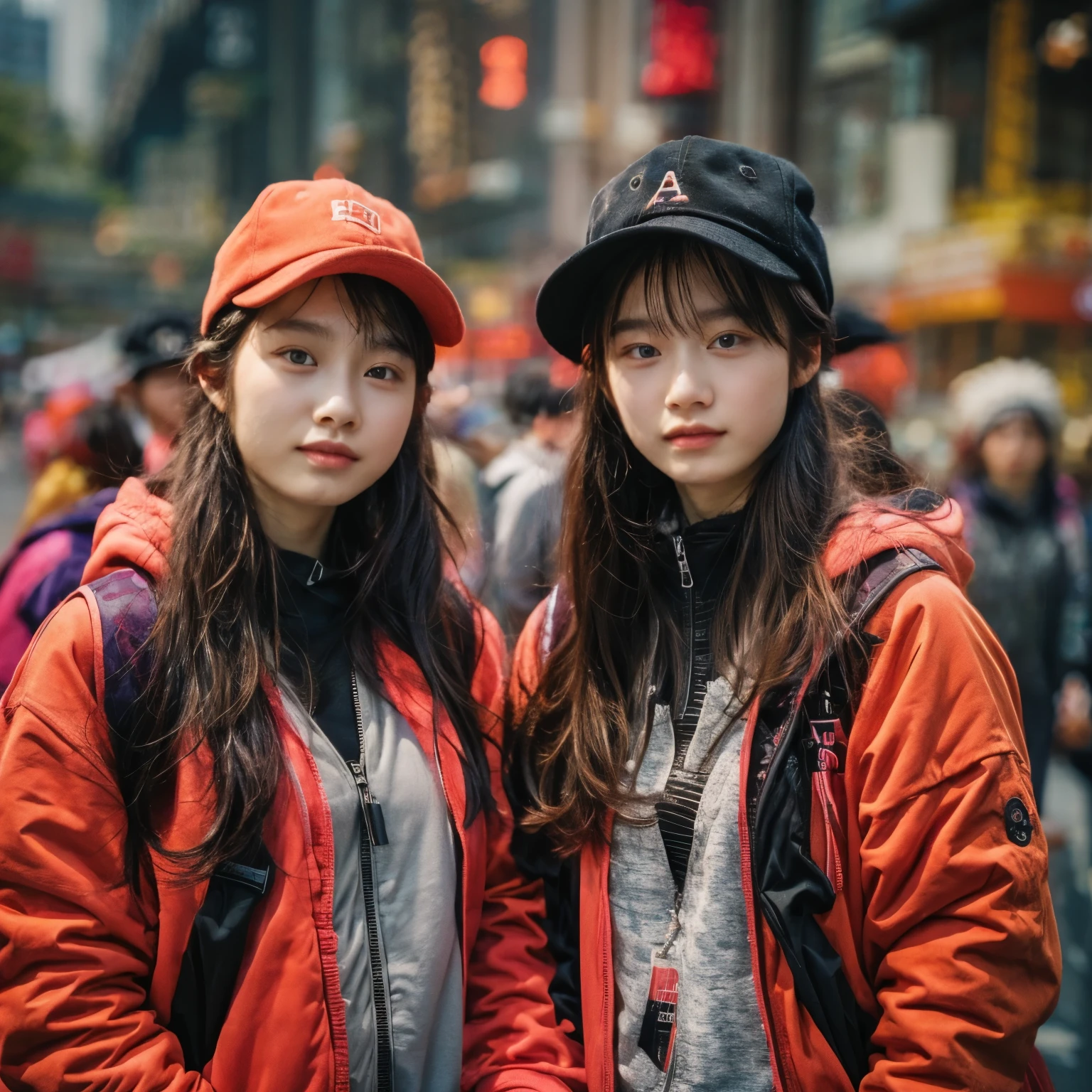 Identical twin sisters wearing the same black Apollo hat。In the background is East Nanjing Road in Shanghai。Shallow depth of field、The background is blurred。gathered in the middle。The girl on the left is、He wears a black hat、He is wearing a black down jacket over a red hoodie。.。, And with your left hand, hold the piece close to your face..。The girl on the right is wearing a light brown hat.., Wear a black down jacket over an orange sweatshirt, And in his right hand he holds a piece.