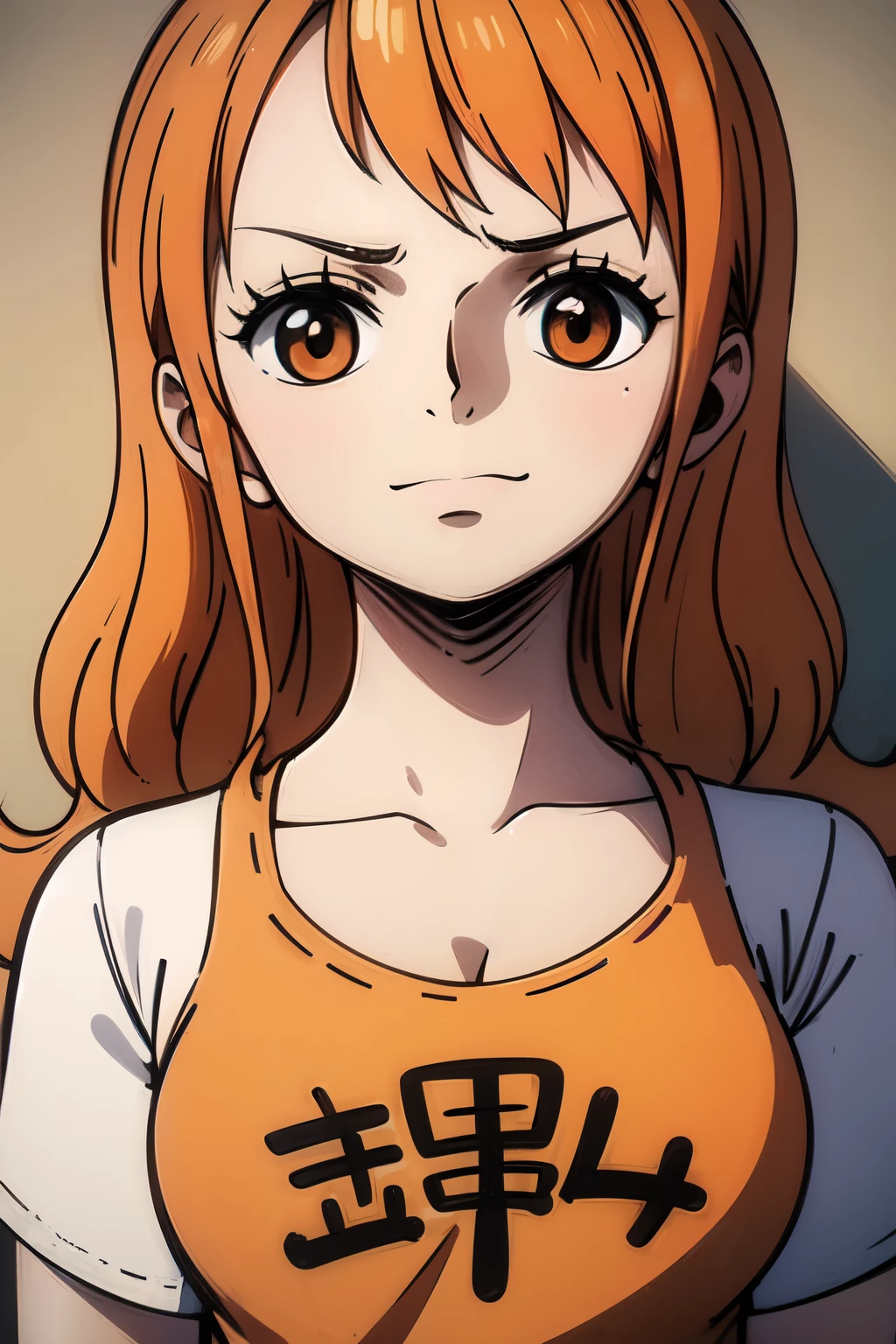 ((best quality)), ((masterpiece)), (detailed), perfect face. Asian girl. Orange hair. T-shirt.