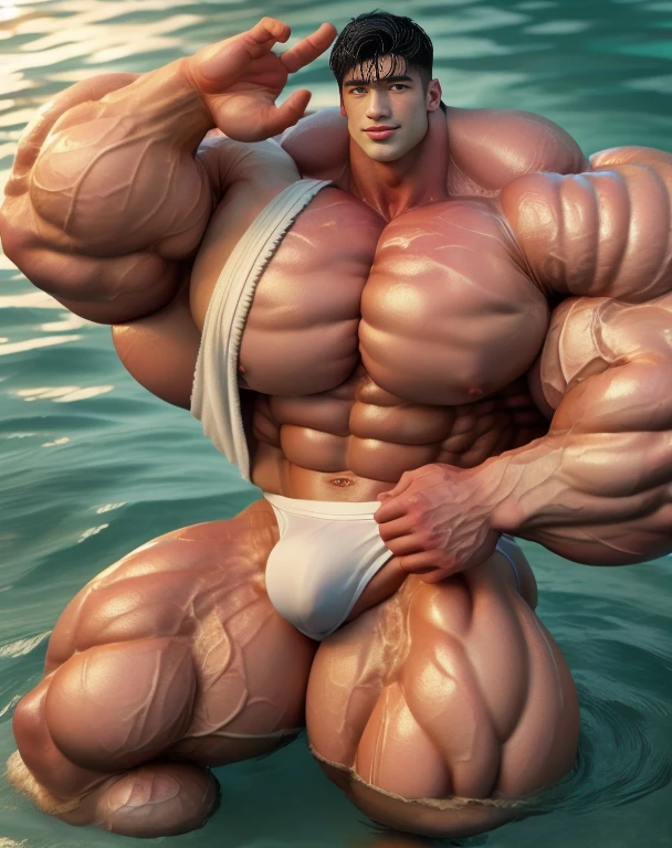 1 asian boy, handsome, giant, buzz black haircut, model shoot style, looking at camera, standing, posing arms, outdoor, in the ocean, strong body, bulk, naked, wear white swimwear underpants, bulge, big, brutalmass, giant, muscular body, bulk, massive body, large meaty body size, brown veiny skin, big arms, ballooning meaty pecs, big butt. Wet, water splash, ocean waves, UHD, Realistic, intricate detail
