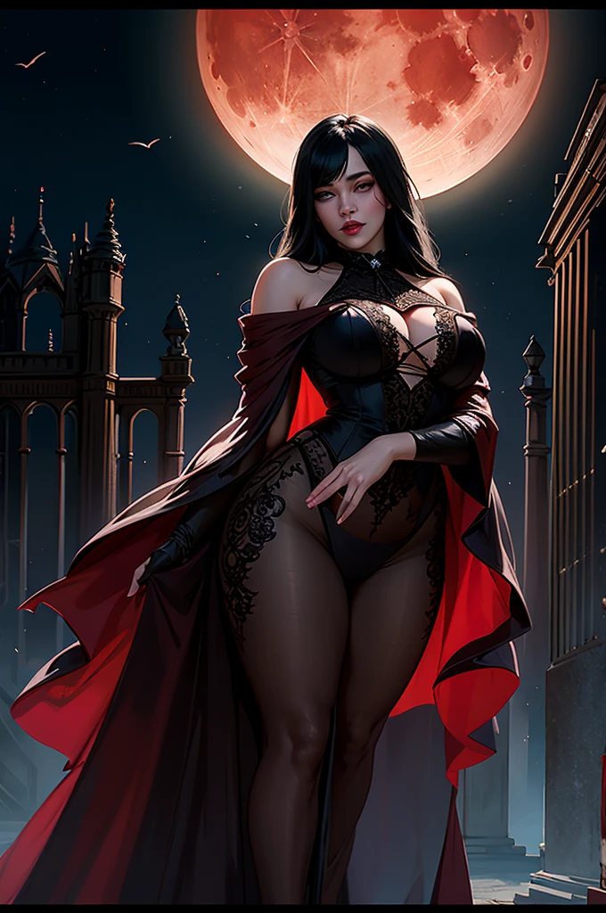 Luxury magazine phtoto, thicc girl, Full_body_Beautiful_seductive_enchantress, highly detailed dress, blood moon, red glow, mist, eerie Gothic aesthetic, double exposure photography, backlit, hyperdetailed double exposure, Junji Ito, victo ngai, M.W. Kaluta, richard anderson, masterpiece, 8k resolution, highly detailed, intricate, vogue style