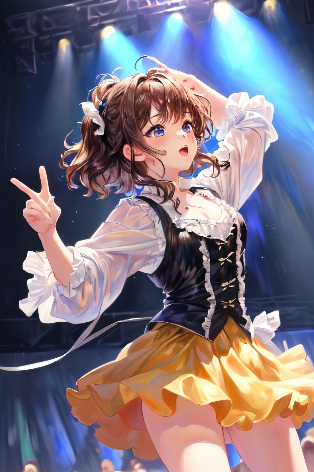 ((Best of the highest quality, 8k, Masterpiece, raw photo: 1.3)), (Great artist style, Auguste Renoir, Sharp focus: 1.2), (1 AESPA girl: 1.1), (Solo: 1.1), face focus, cute face, finely eyes, (k-pop idol girl, dancing on the stage with microphone: 1.28), from above, (brunette short messy hair: 1.1)