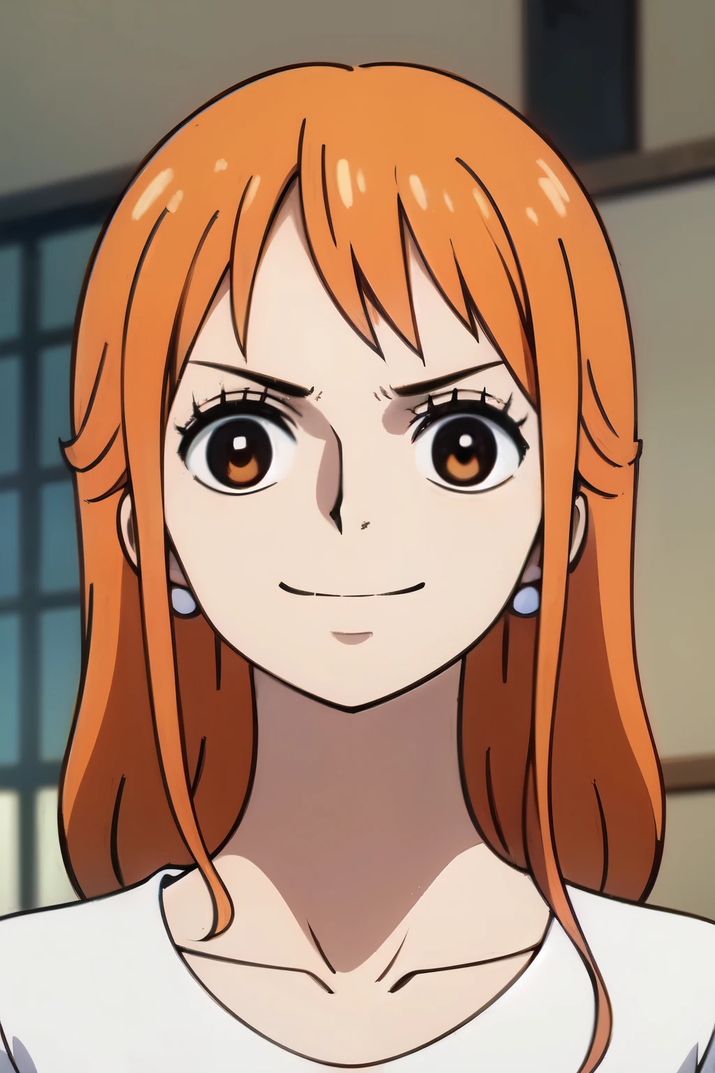 ((best quality)), ((masterpiece)), (detailed), perfect face. Asian girl. Orange hair. Topless. Medium breast.
