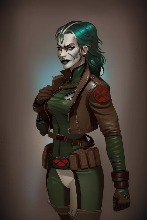 (leather jacket) (corset) (military belts) (Warrior) (cocky smile) (tribal tattoos) (green and blue hair) (X-Men Rogue) (Star Trek Jadzia Dax) (2000 Ninja Turtles April) (Greek mythology Athena) (pirate woman) (Star Wars zabrak) (Star Trek trill) (pale skin) (face tattoos) (zabrac face tattoos) (goth) (pirate clothing) (bo-katan)