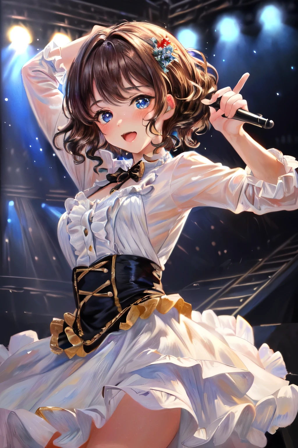 ((Best of the highest quality, 8k, Masterpiece, raw photo: 1.3)), (Great artist style, Auguste Renoir, Sharp focus: 1.2), (1 AESPA girl: 1.1), (Solo: 1.1), face focus, cute face, finely eyes, (idol girl, dancing on the stage with microphone: 1.28), from above, (brunette short messy hair: 1.1)