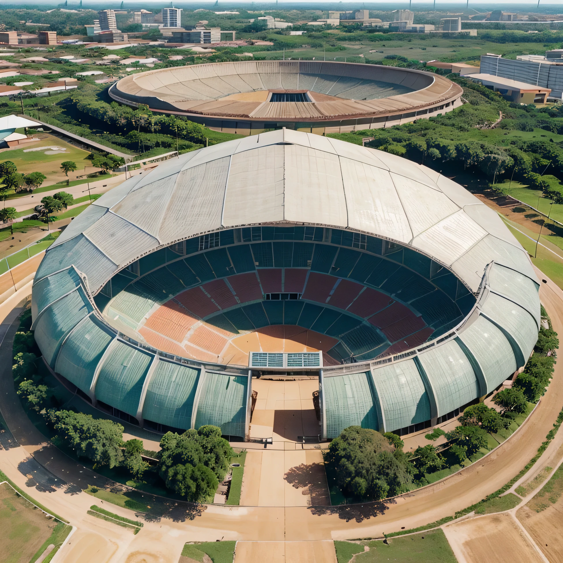 Create an external, aerial and front-facing illustration of the Arena Pantanal stadium in Cuiabá, Brazil. Highlight the tropical environment with lush greenery and the unique architecture of the stadium. Include elements of the local flora and fauna, and use vibrant colors to capture the essence of the Pantanal region.