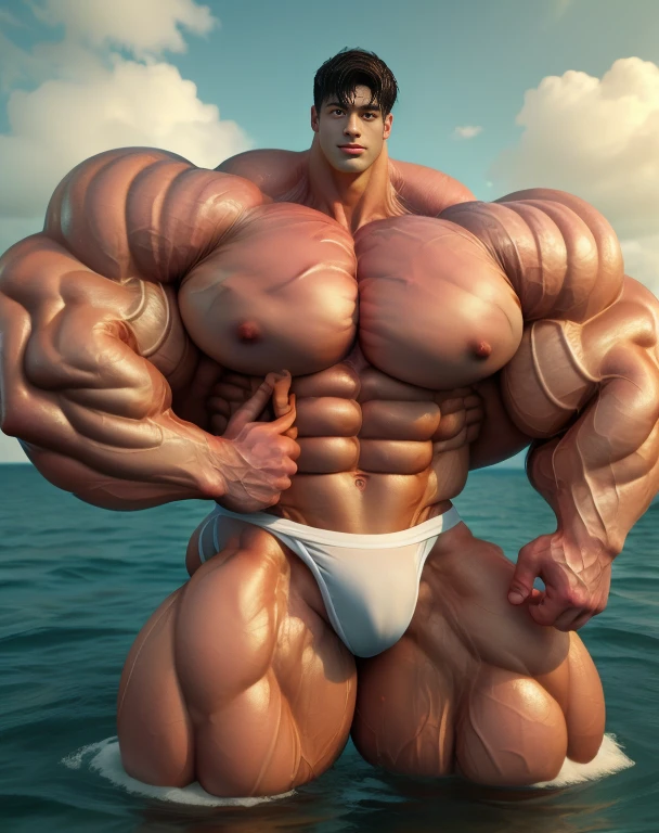 1 asian boy, handsome, giant, buzz black haircut, model shoot style, looking at camera, standing, posing arms, outdoor, in the ocean, strong body, bulk, naked, wear white swimwear underpants, bulge, big, brutalmass, giant, muscular body, bulk, massive body, large meaty body size, brown veiny skin, big arms, ballooning meaty pecs, big butt. Wet, water splash, ocean waves, UHD, Realistic, intricate detail