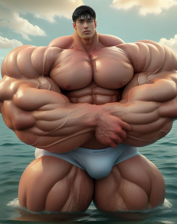 1 asian boy, handsome, giant, buzz black haircut, model shoot style, looking at camera, standing, posing arms, outdoor, in the ocean, strong body, bulk, , wear white swimwear underpants, bulge, big, brutalmass, giant, muscular body, bulk, massive body, large meaty body size, brown veiny skin, big arms, ballooning meaty pecs, big . Wet, water splash, ocean waves, UHD, Realistic, intricate detail