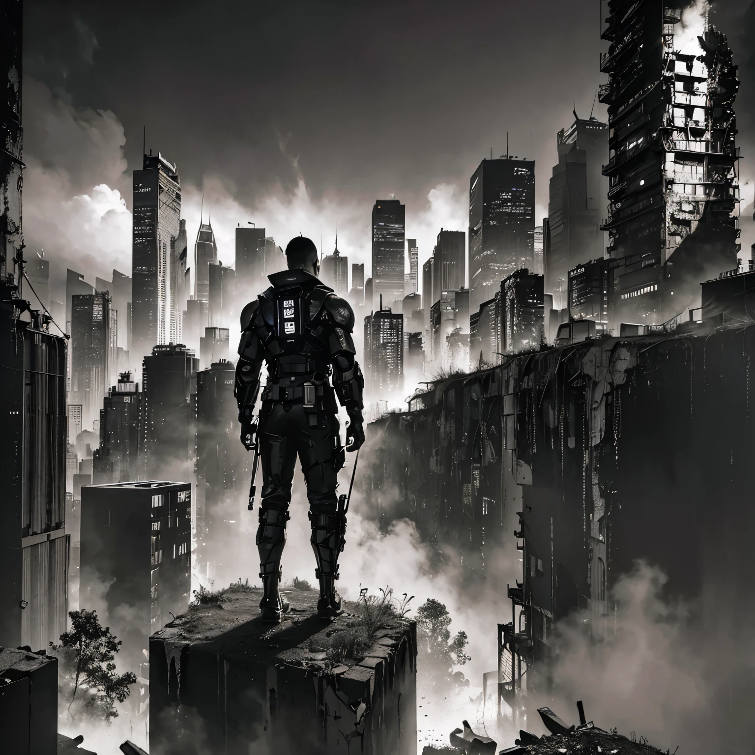 best quality,4k,8k,highres,masterpiece:1.2,ultra-detailed,realistic:1.37,post-apocalyptic manga city scenery,cyberpunk art style,dystopian future,desolate ruins,grim atmosphere,dilapidated buildings,overgrown vegetation,crumbling infrastructure,dark and moody lighting,abandoned vehicles, streets,ominous skies,neon lights,glowing holograms,fallen billboards,destroyed landmarks,mysterious figures in the shadows,hauntingly beautiful,unforgettable imagery,emotional impact,detailed backgrounds,action-packed scenes,majestic cityscape,impressive architectural design,expressive characters,imposing mecha,explosions and smoke,futuristic technology,visually stunning,rich color palette,vivid hues,contrasting shades,sharp contrasts,emphasis on depth and perspective,cinematic composition,intricate line work,meticulous attention to detail,eye-catching visuals,immersive visualization,a captivating story unfolding through images.