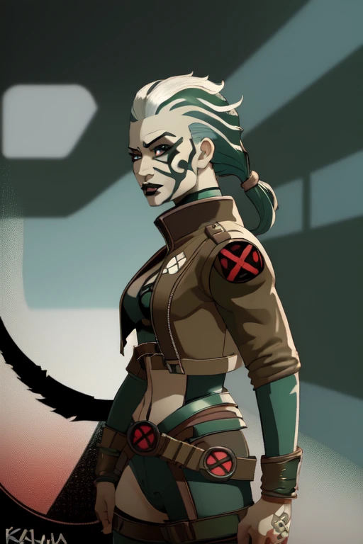 (ponytail) (leather jacket) (corset) (military belts) (Warrior) (cocky smile) (tribal tattoos) (green and blue hair) (X-Men Rogue) (Star Trek Jadzia Dax) (2000 Ninja Turtles April) (Greek mythology Athena) (pirate woman) (Star Wars zabrak) (Star Trek trill) (pale skin) (face tattoos) (zabrac face tattoos) (goth) (pirate clothing) (bo-katan)