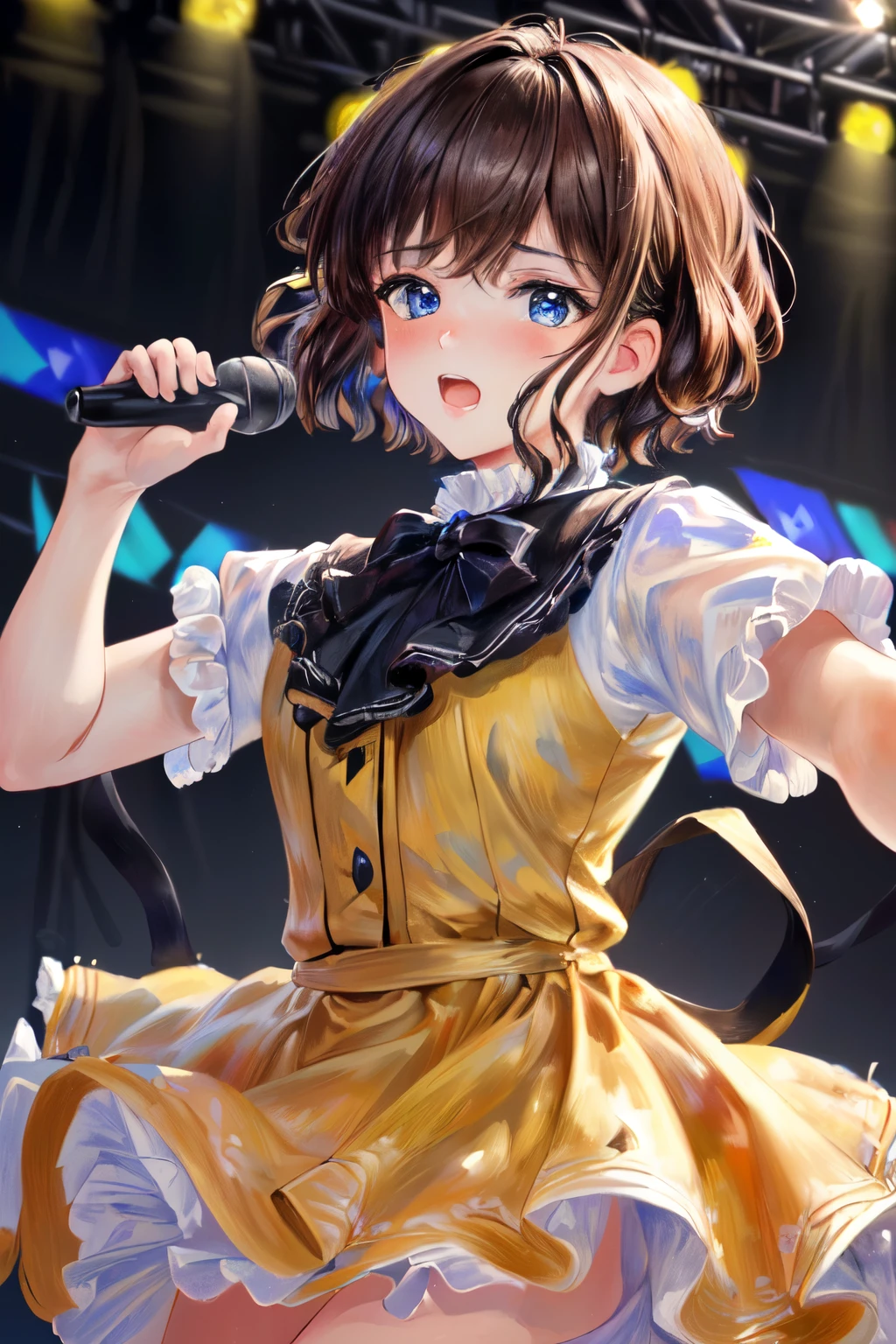 ((Best of the highest quality, 8k, Masterpiece, raw photo: 1.3)), (Great artist style, Auguste Renoir, Sharp focus: 1.2), (1 AESPA girl: 1.1), (Solo: 1.1), face focus, cute face, finely eyes, (idol girl, dancing on the stage with microphone: 1.28), from above, (brunette short hair: 1.1)