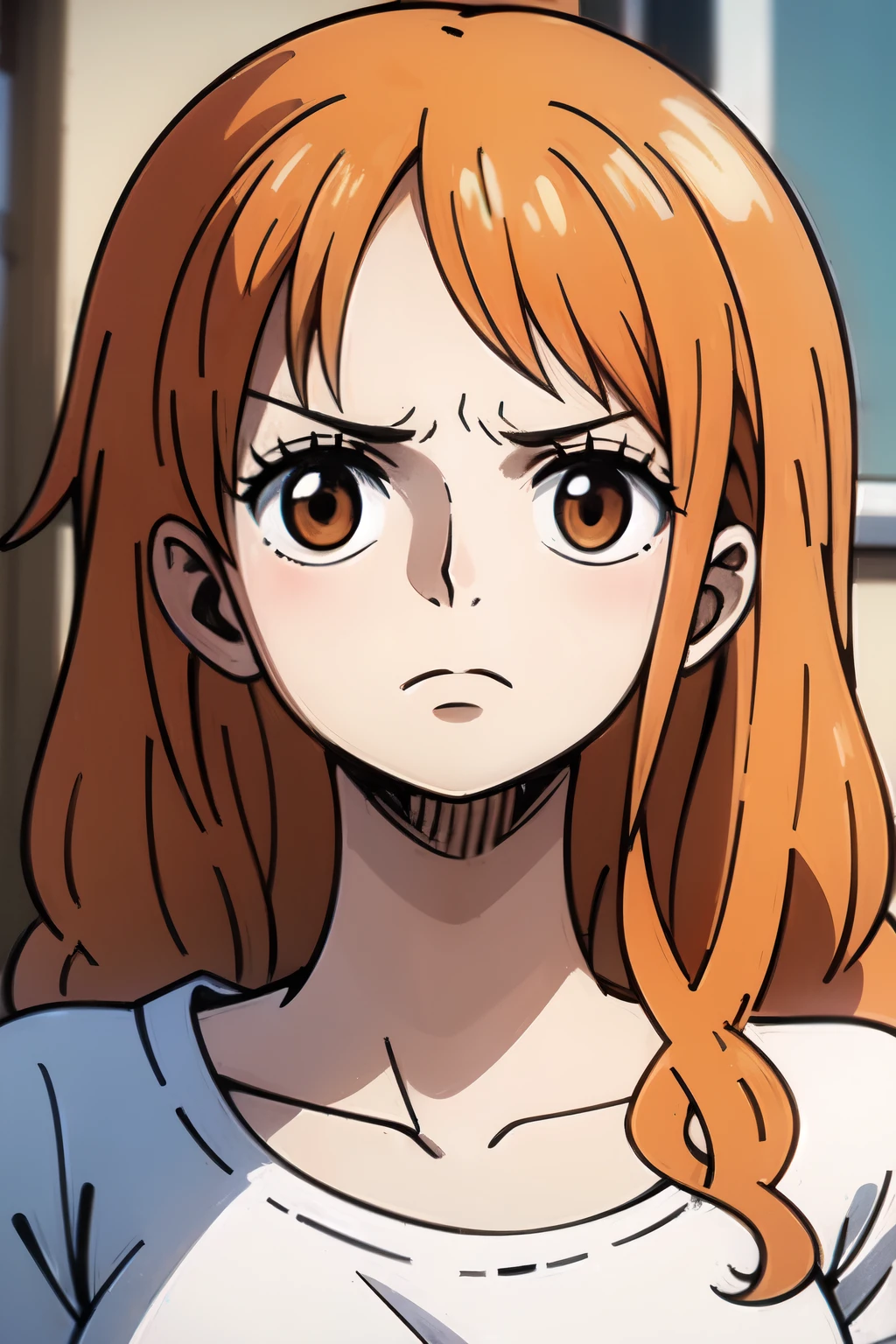 ((best quality)), ((masterpiece)), (detailed), perfect face. Asian girl. Orange hair. T-shirt. Sad.